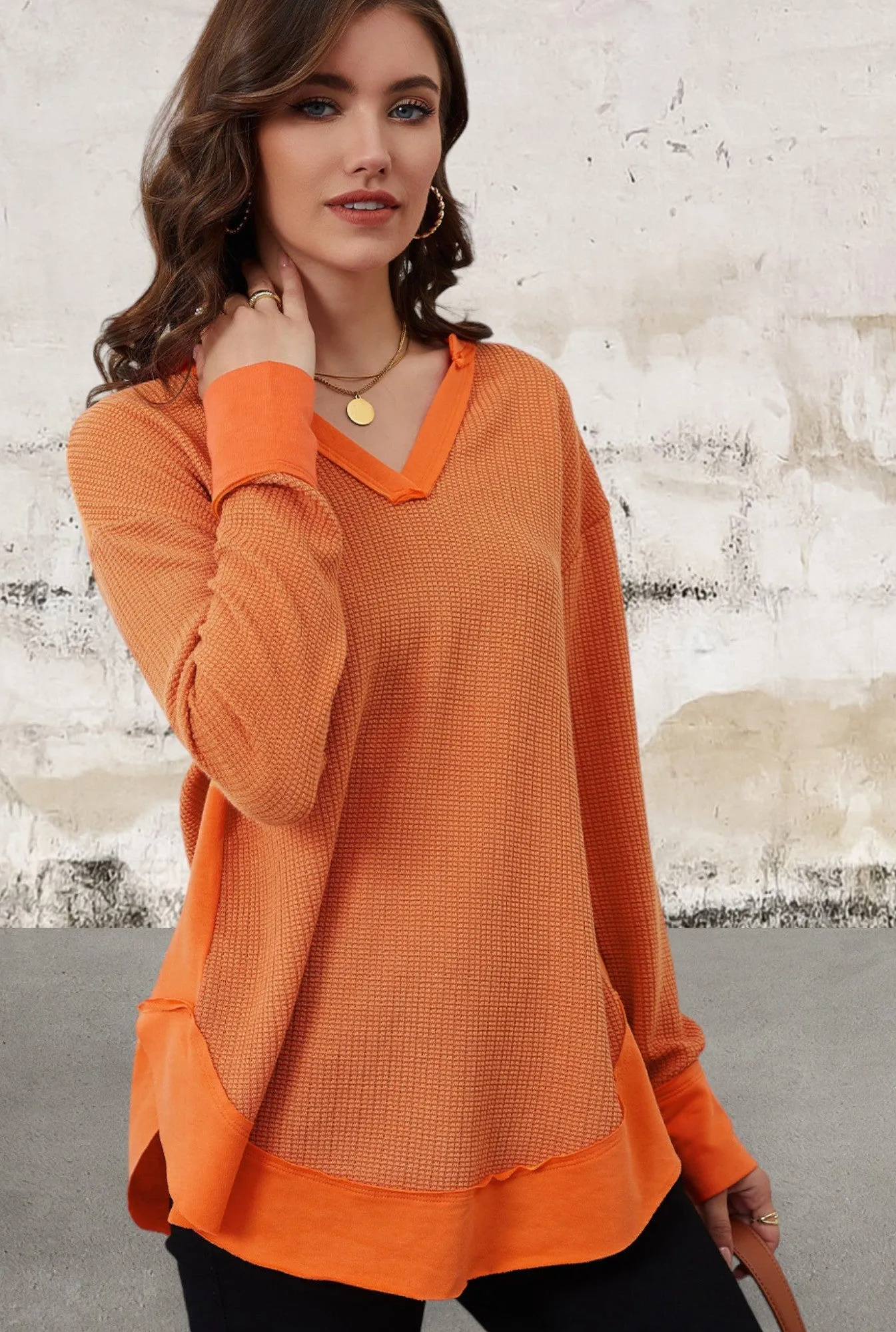 Long Sleeve Waffle Knit V Neck Top