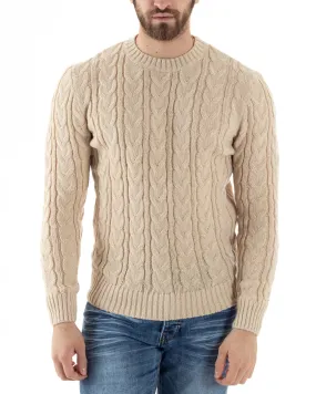 Maglione Con Trecce Uomo Girocollo Maglia Maglioncino Intrecciato Beige GIOSAL-M2802A