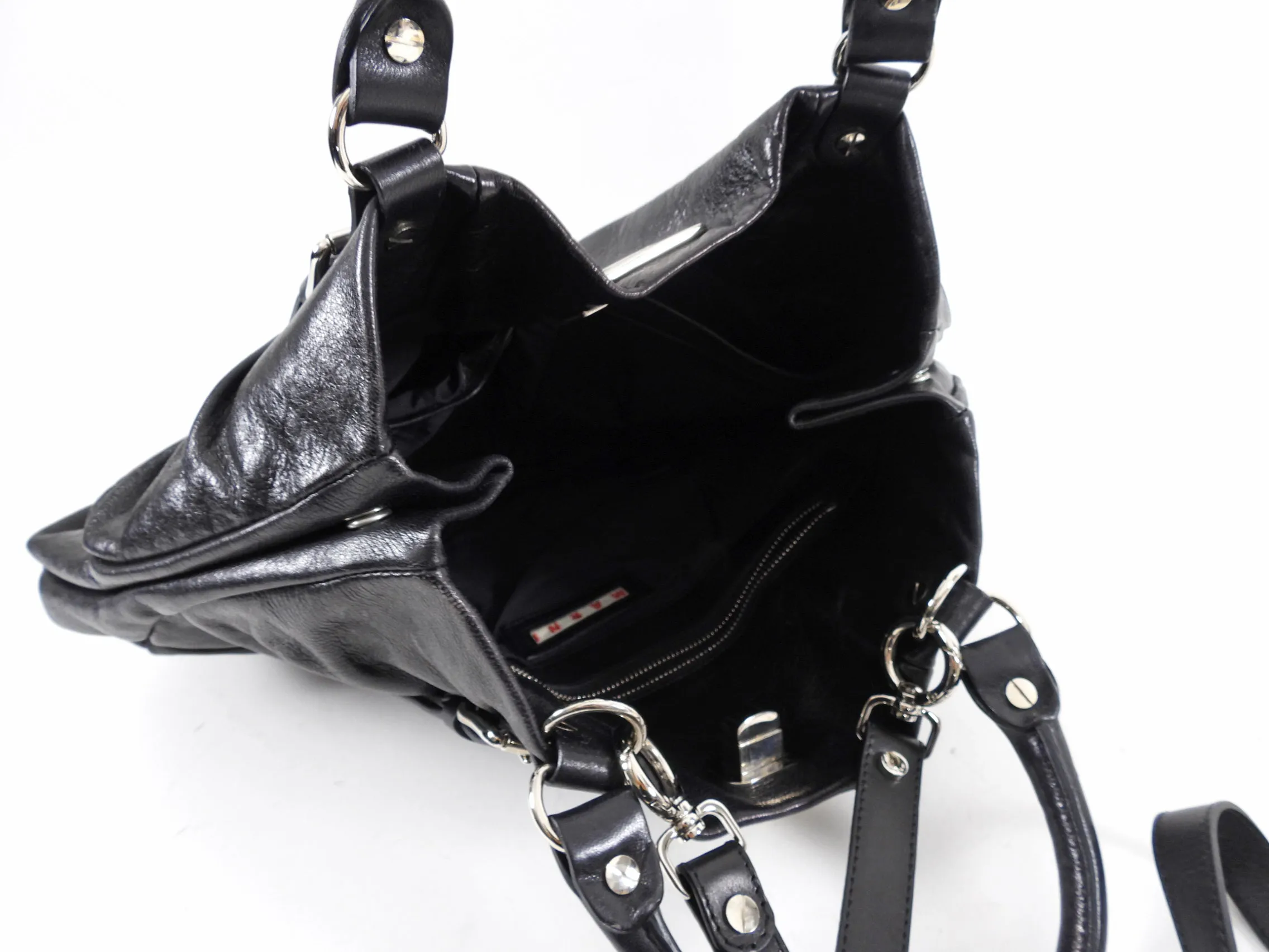 Marni Black Leather Two-Way Hobo Bag