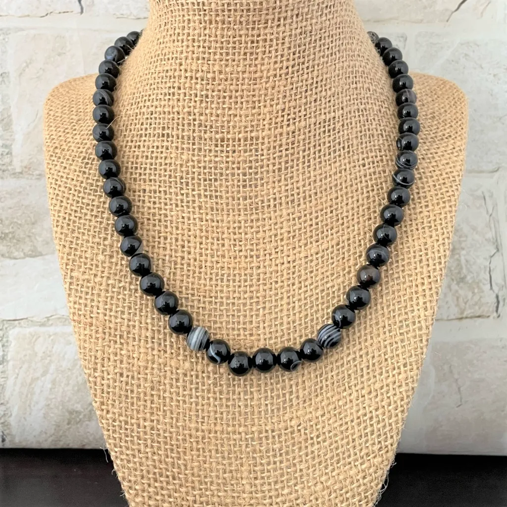 Mens Black Sardonyx Beaded Necklace