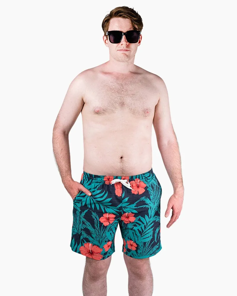 Men's Swim Beach Trunks - Green& Red Flower