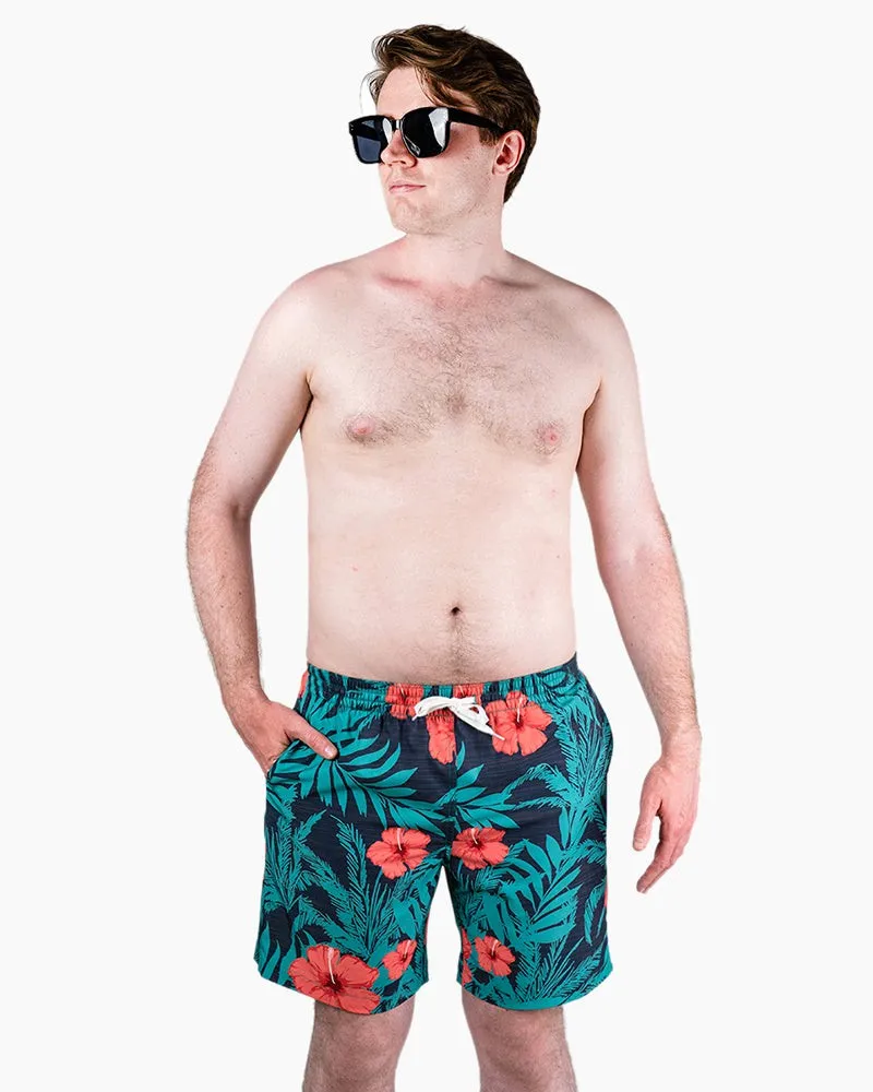 Men's Swim Beach Trunks - Green& Red Flower