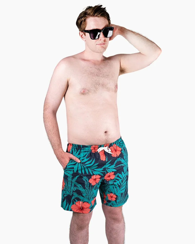 Men's Swim Beach Trunks - Green& Red Flower