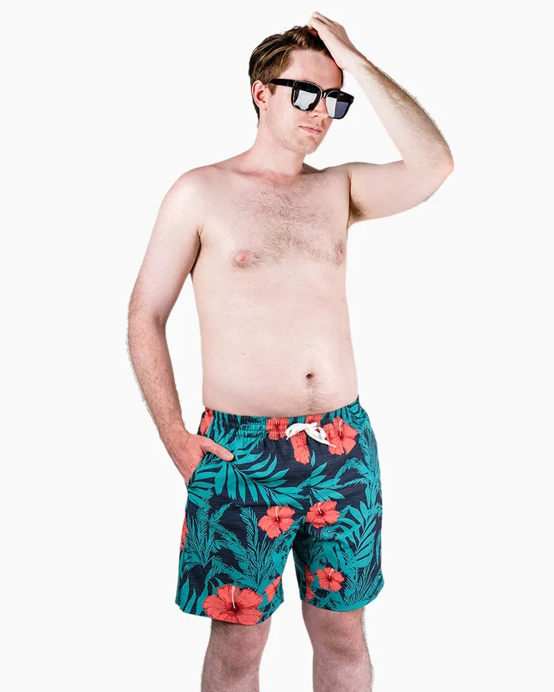 Men's Swim Beach Trunks - Green& Red Flower