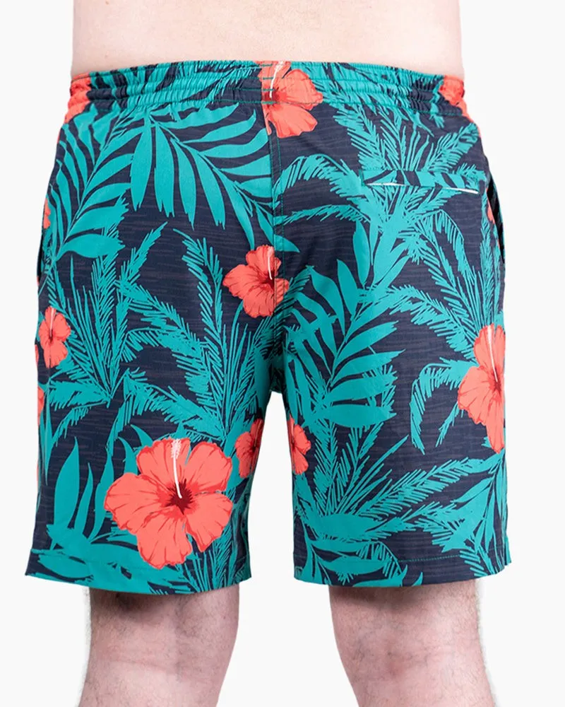 Men's Swim Beach Trunks - Green& Red Flower