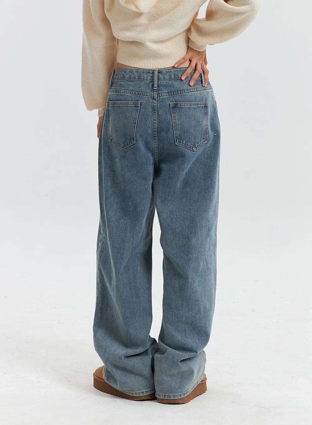 Mid Waist Washed Button Wide Leg Jeans OD320