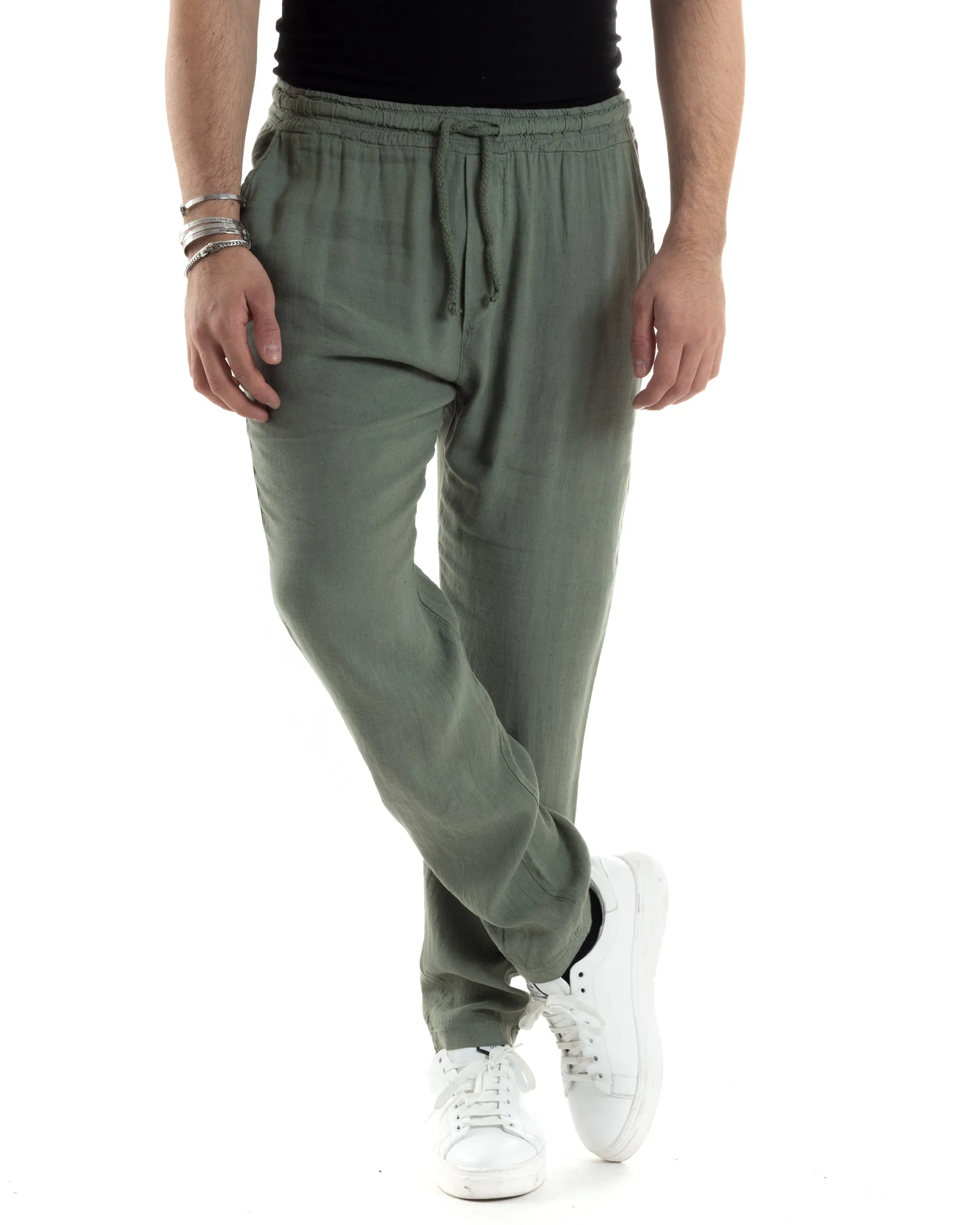 Pantaloni Uomo Lino Pantalaccio Lungo Elastico Regular Fit Tinta Unita Verde Casual GIOSAL-P6097A