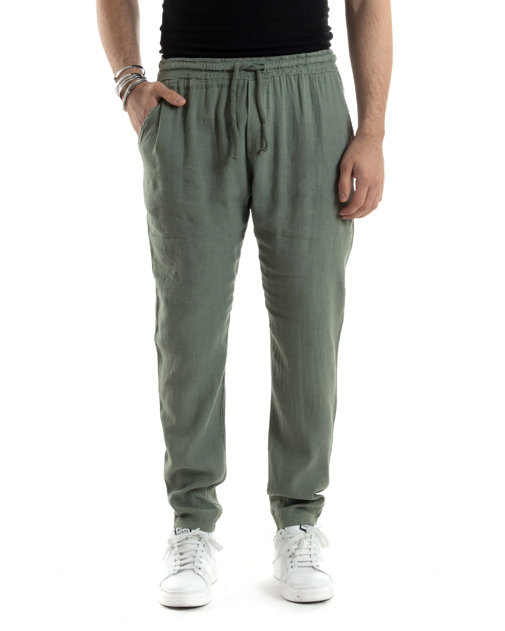 Pantaloni Uomo Lino Pantalaccio Lungo Elastico Regular Fit Tinta Unita Verde Casual GIOSAL-P6097A