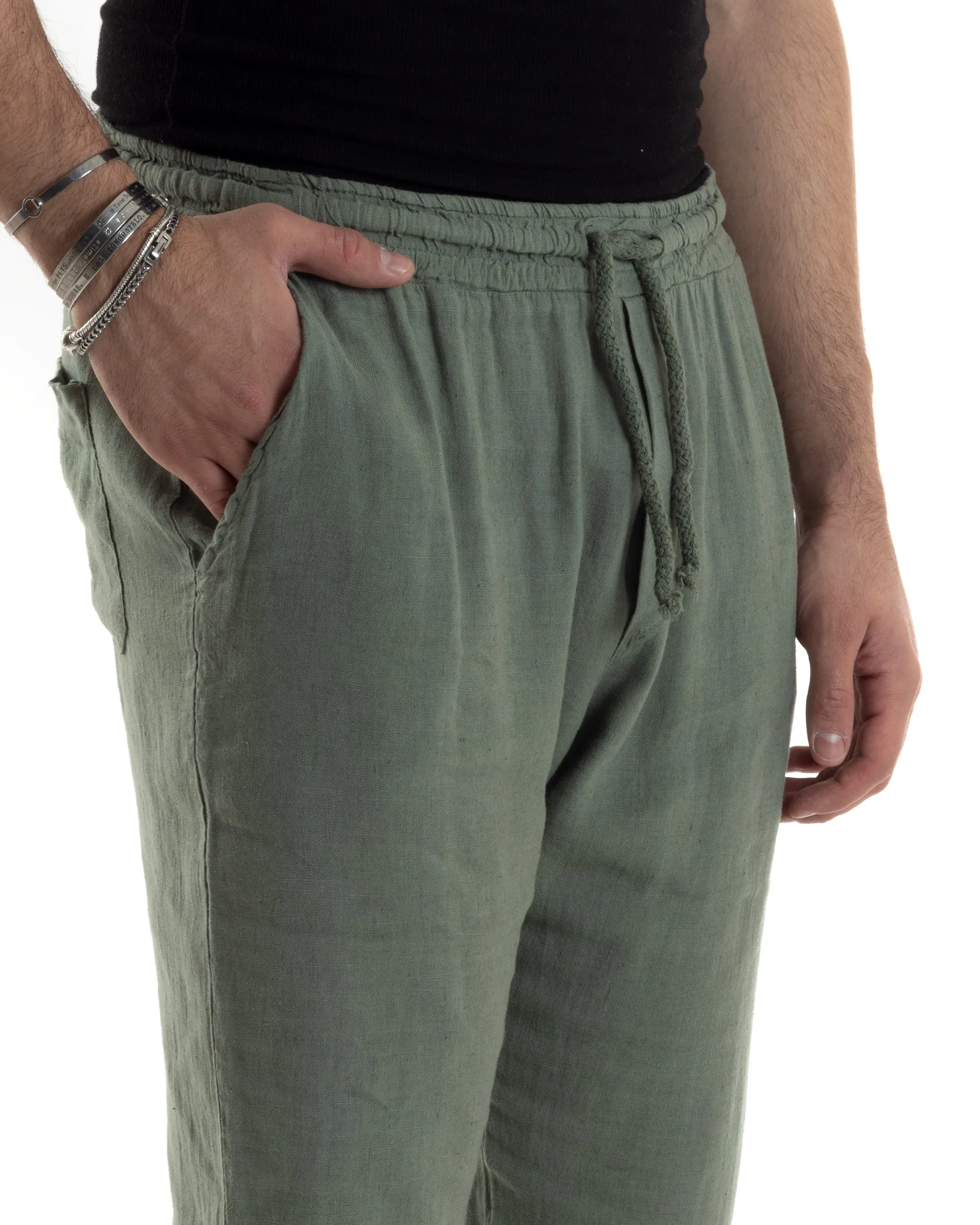 Pantaloni Uomo Lino Pantalaccio Lungo Elastico Regular Fit Tinta Unita Verde Casual GIOSAL-P6097A