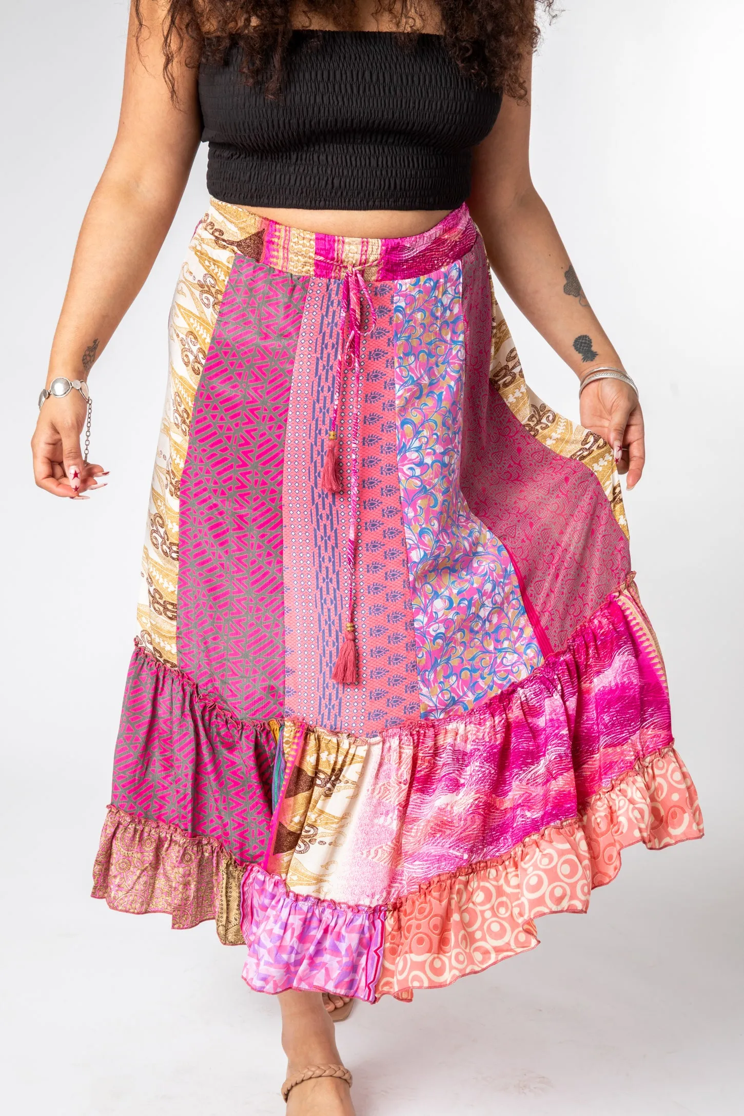 Patchwork Sari Silk Prairie Skirt