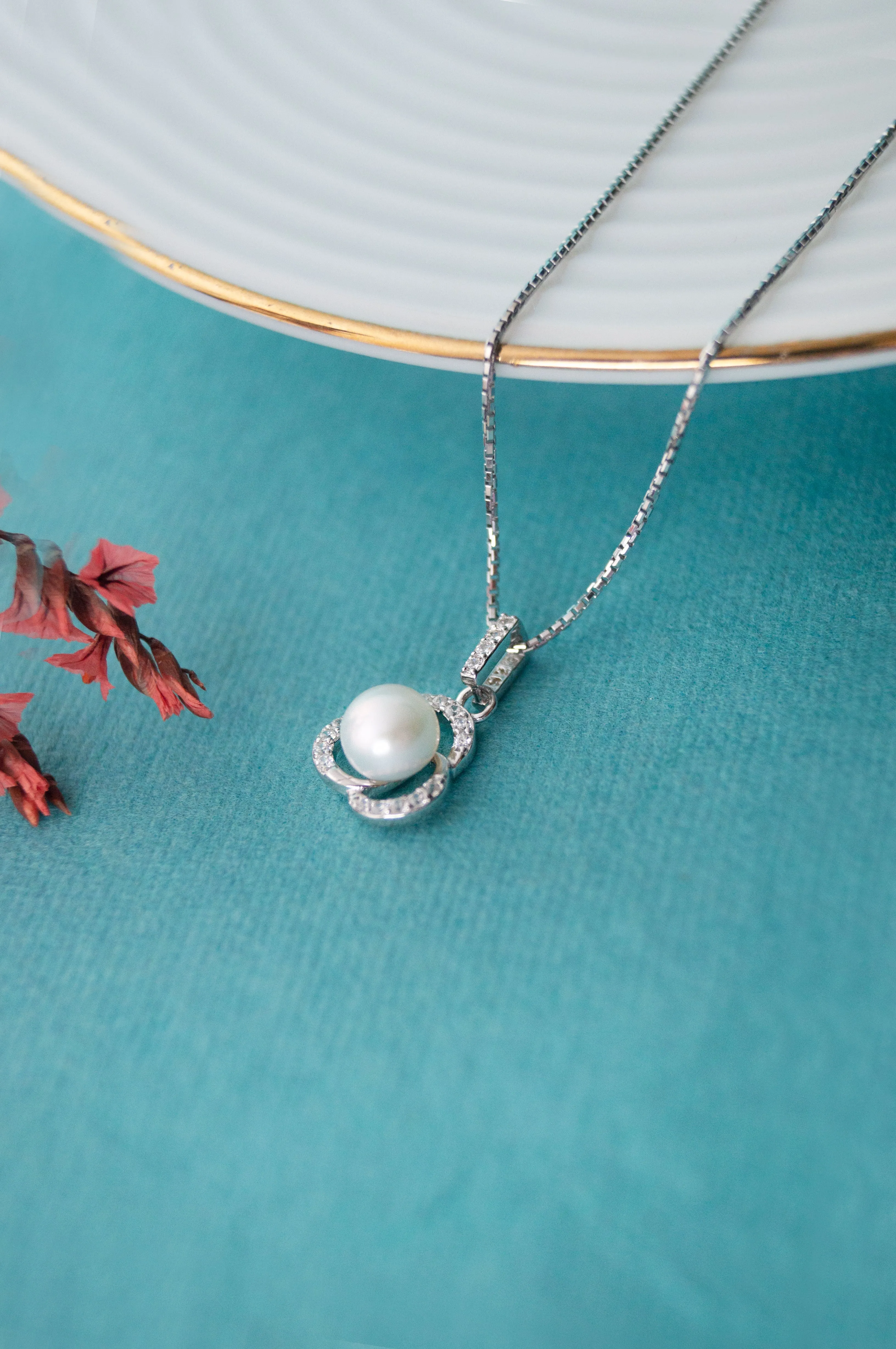 Pearl Enclosed Flower Sterling Silver Pendant Set