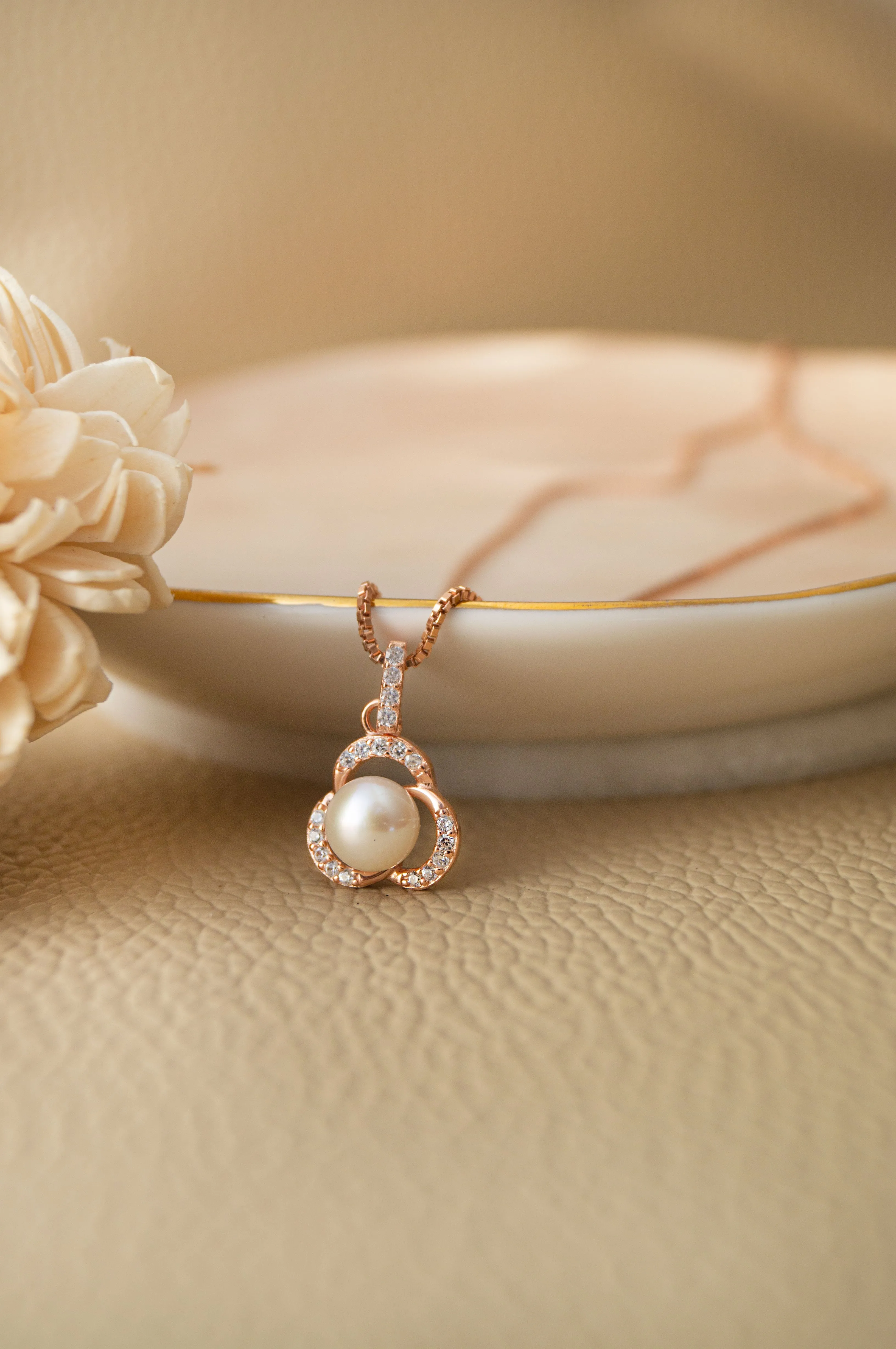 Pearl Enclosed Flower Sterling Silver Pendant Set