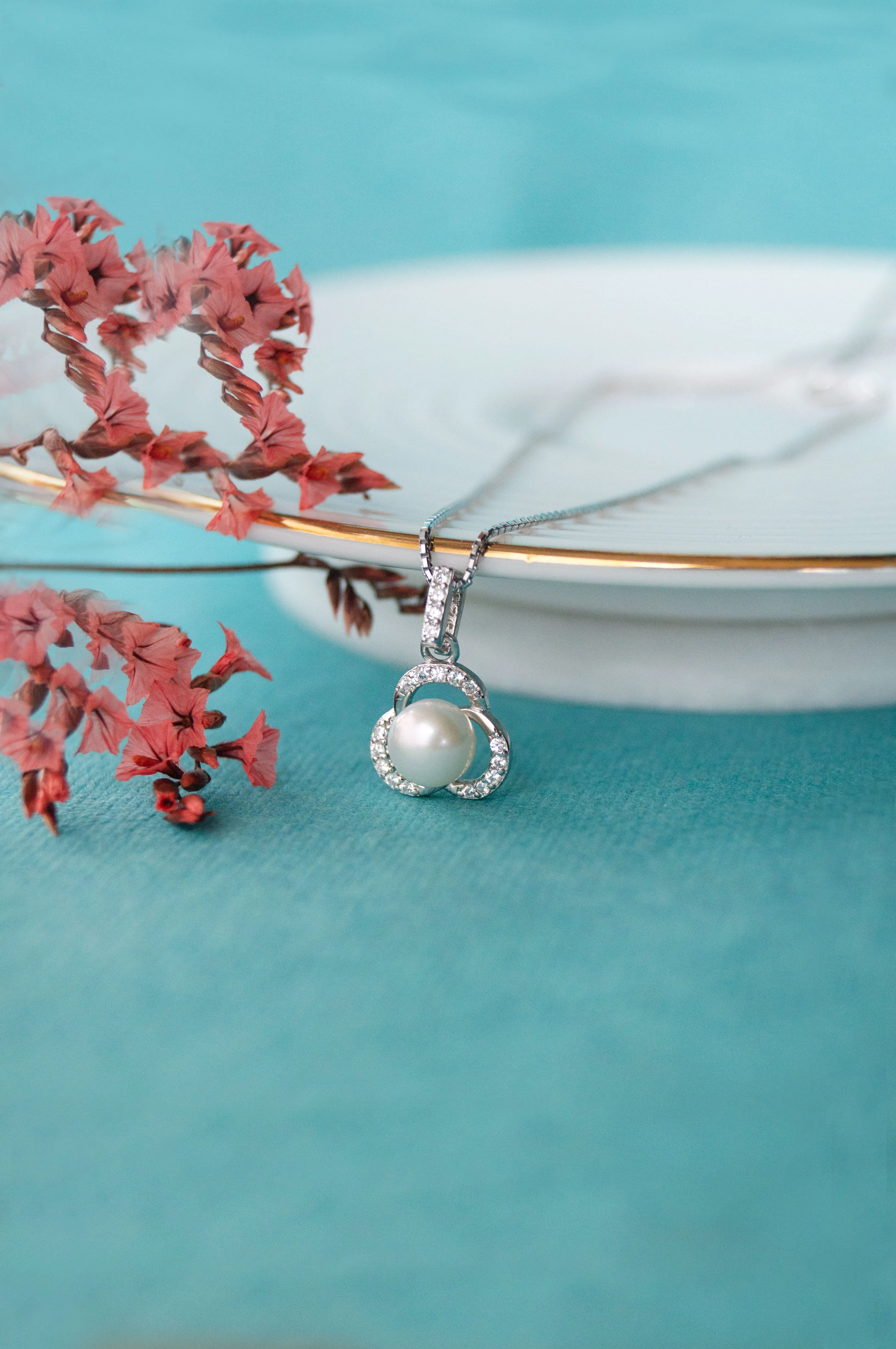 Pearl Enclosed Flower Sterling Silver Pendant Set