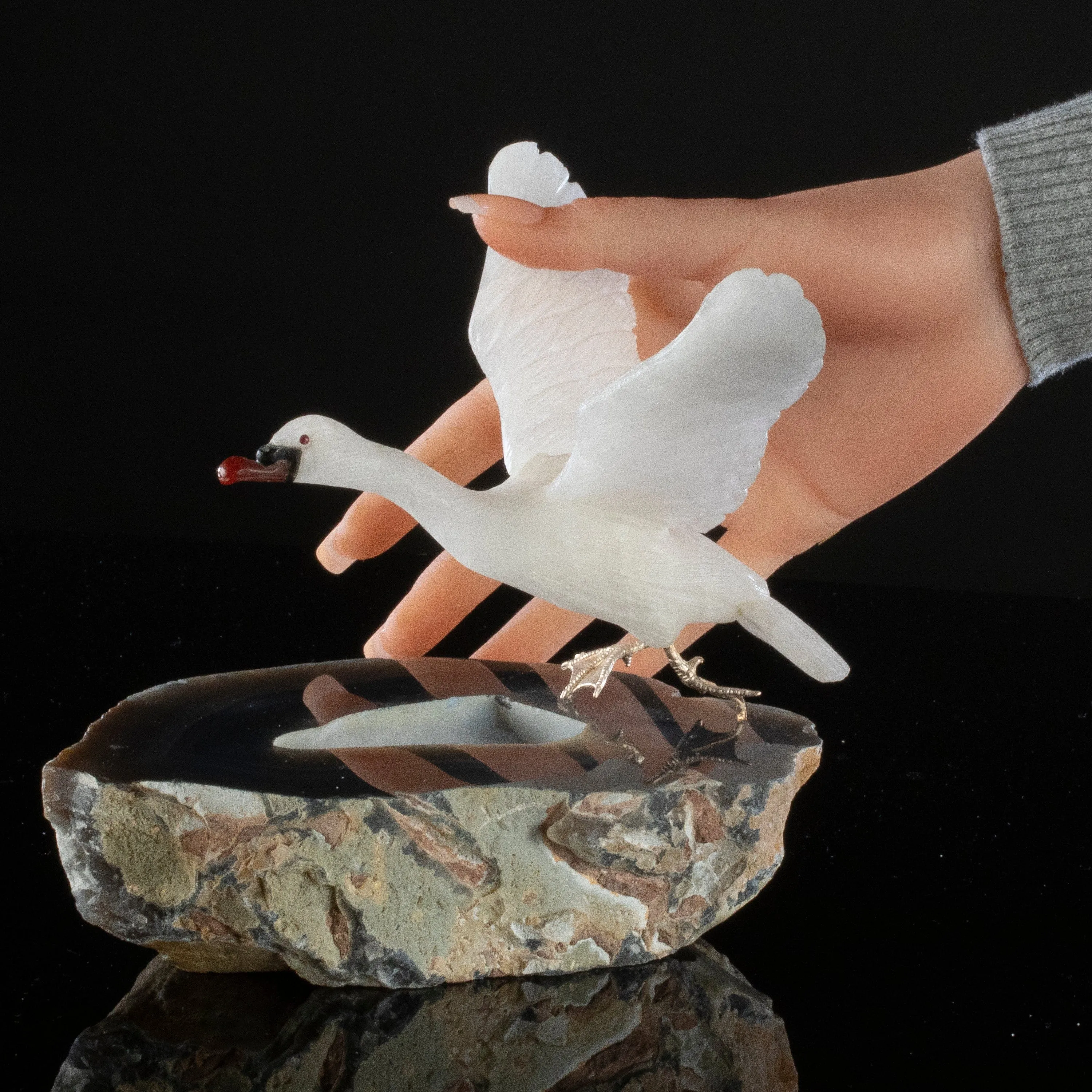 Peter Muller Quartz Goose Love Bird Carving on Agate Base