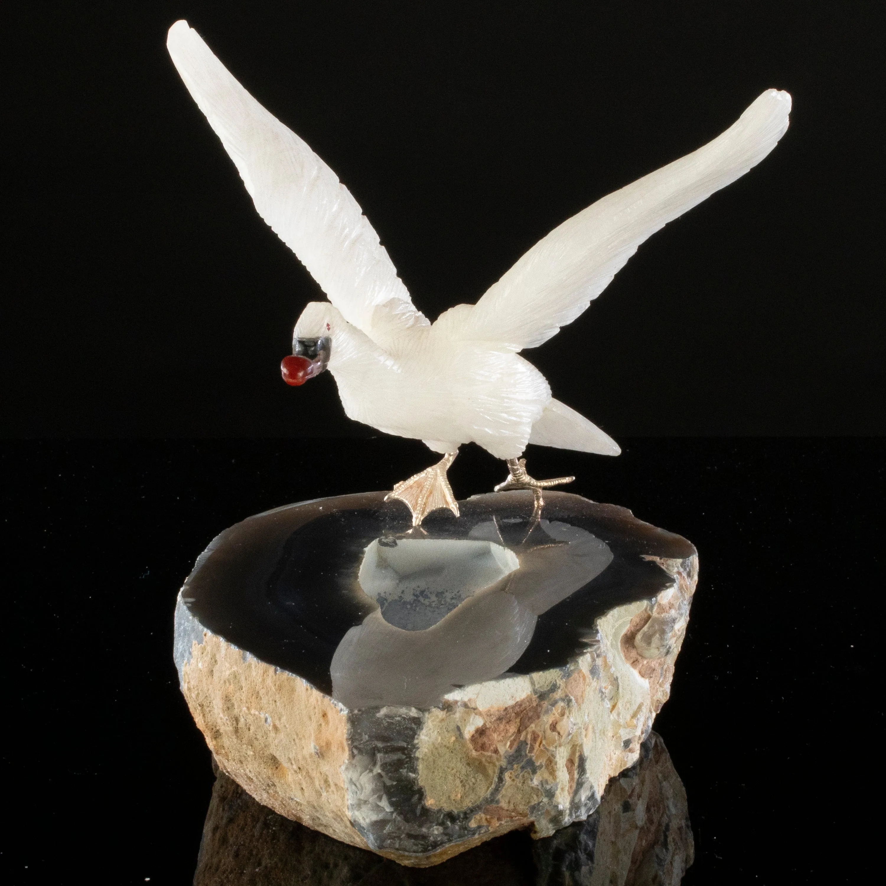 Peter Muller Quartz Goose Love Bird Carving on Agate Base