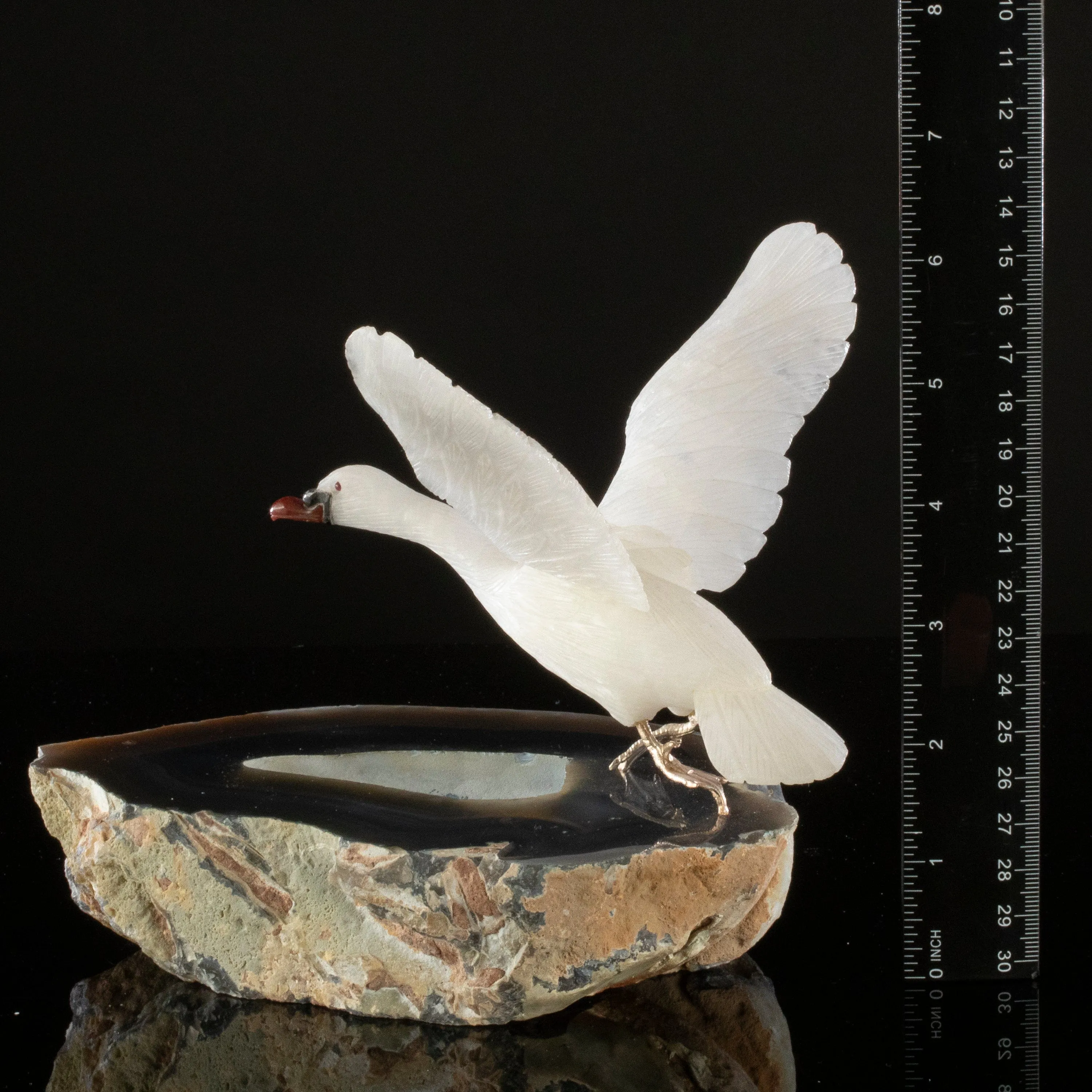 Peter Muller Quartz Goose Love Bird Carving on Agate Base