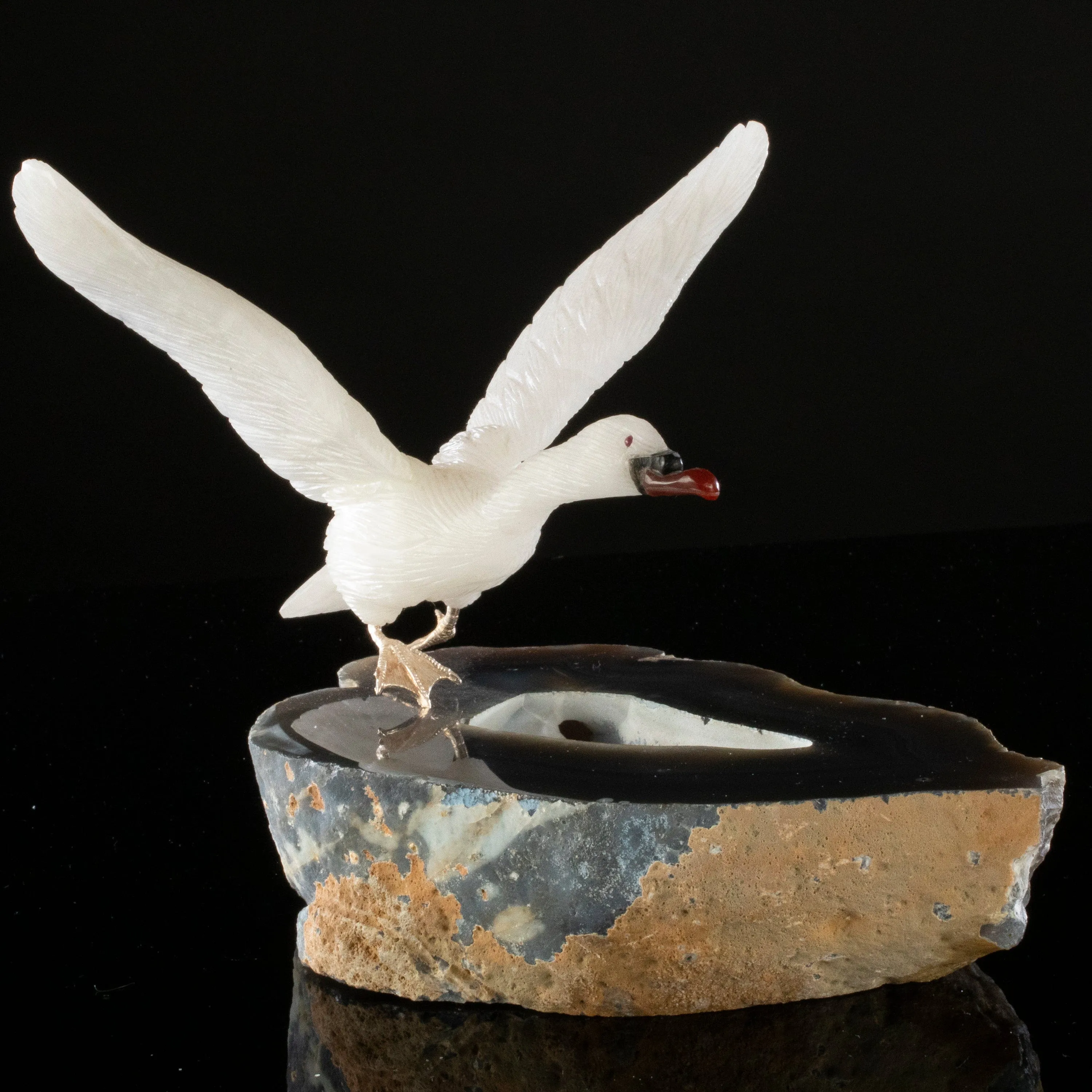 Peter Muller Quartz Goose Love Bird Carving on Agate Base