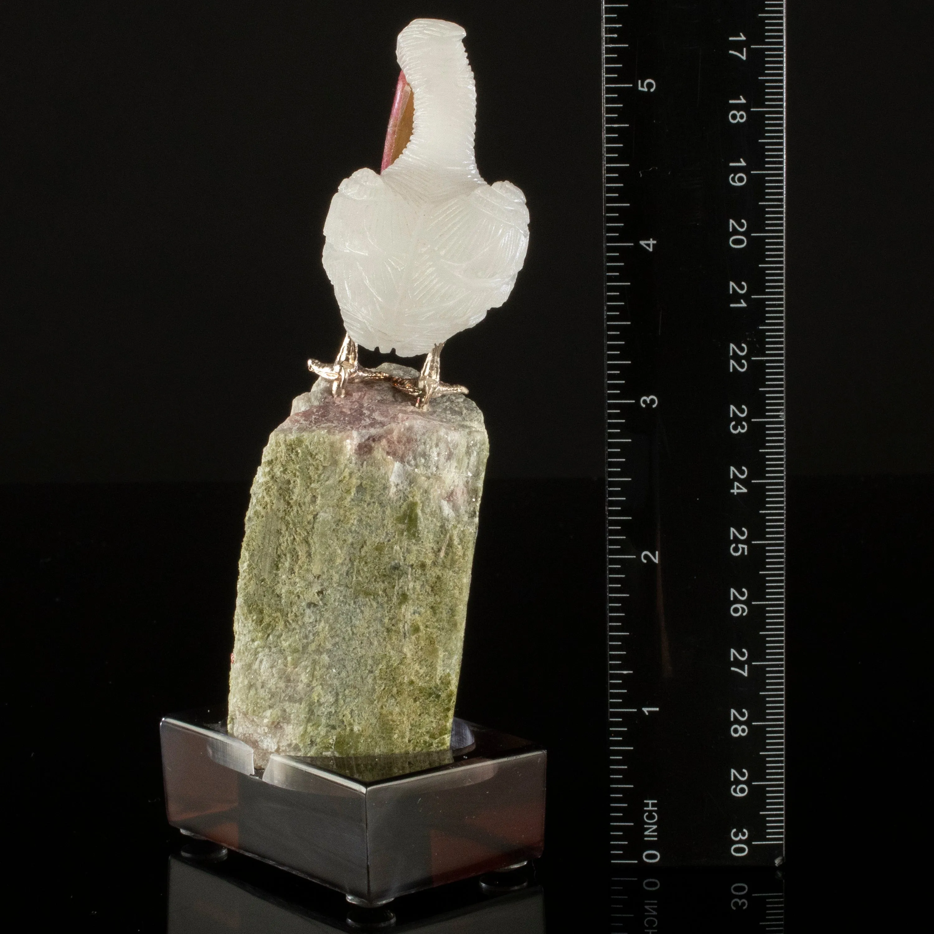 Peter Muller Quartz Pelican Love Bird Carving on Tourmaline Base