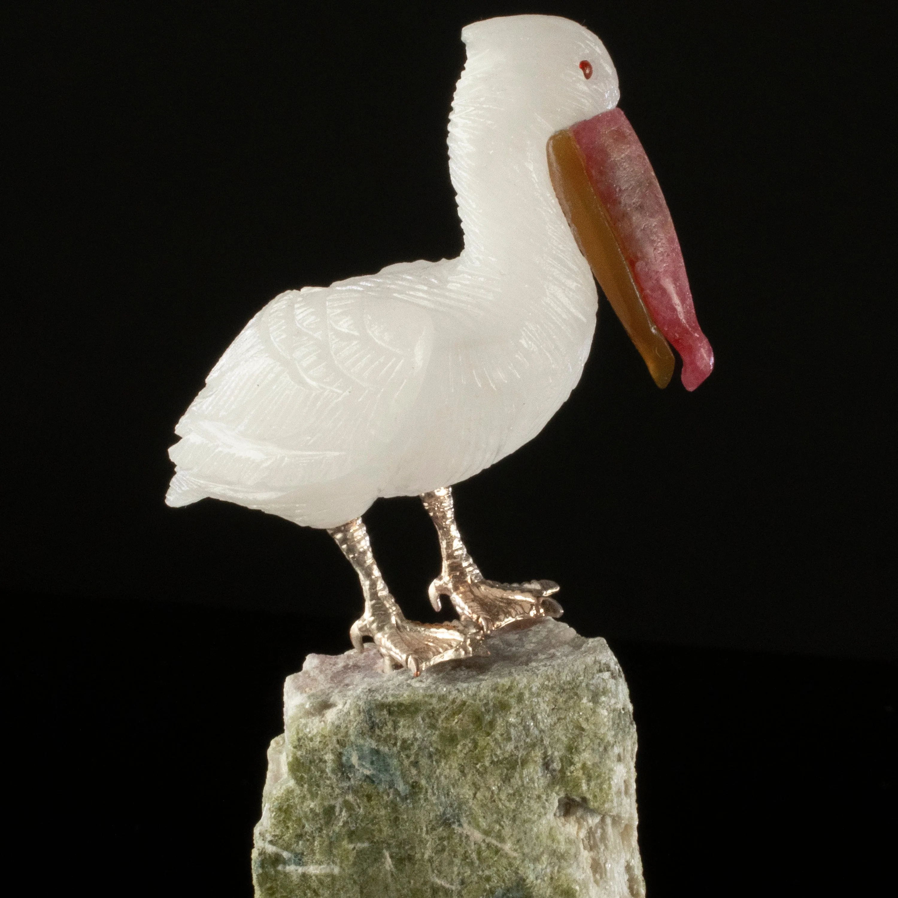 Peter Muller Quartz Pelican Love Bird Carving on Tourmaline Base