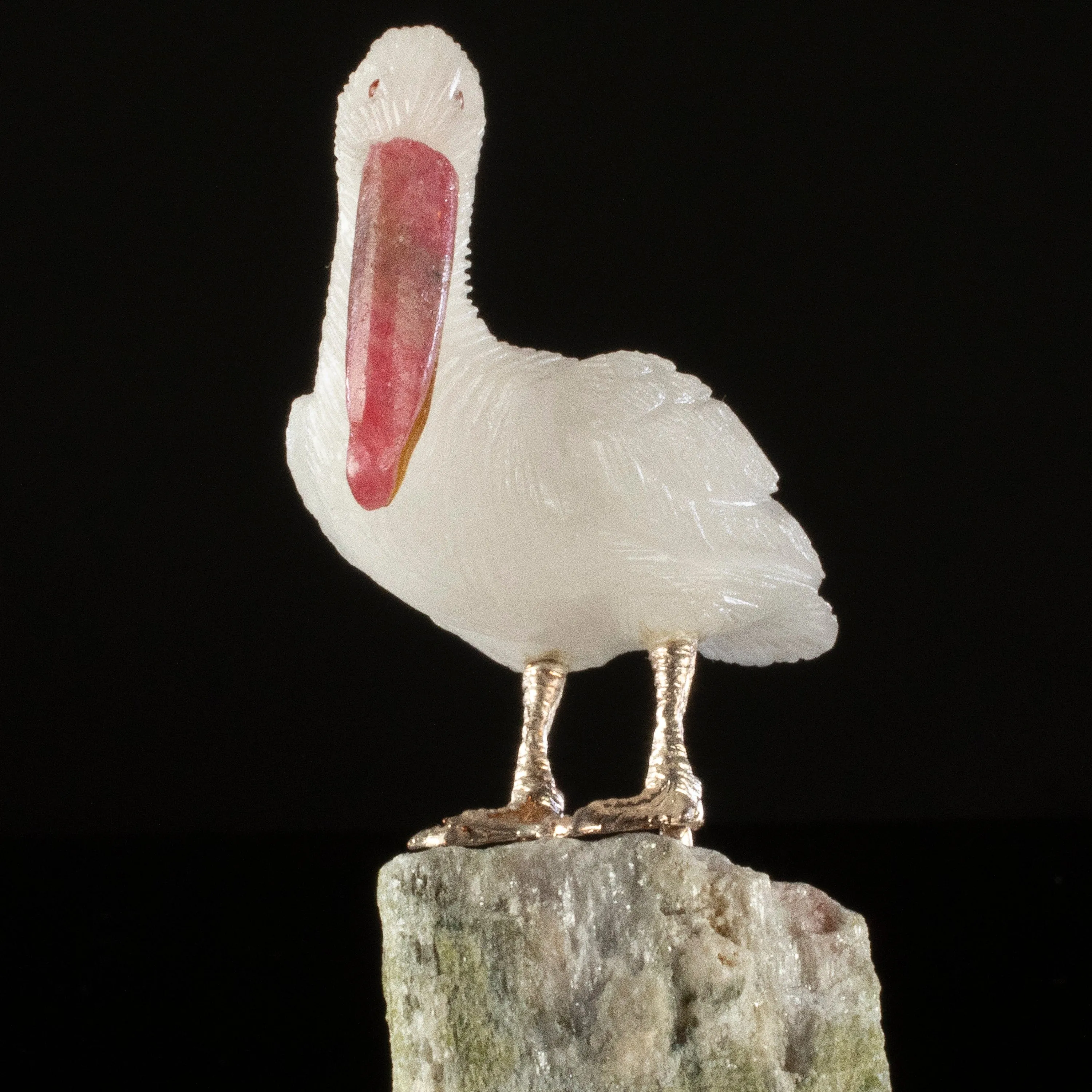 Peter Muller Quartz Pelican Love Bird Carving on Tourmaline Base