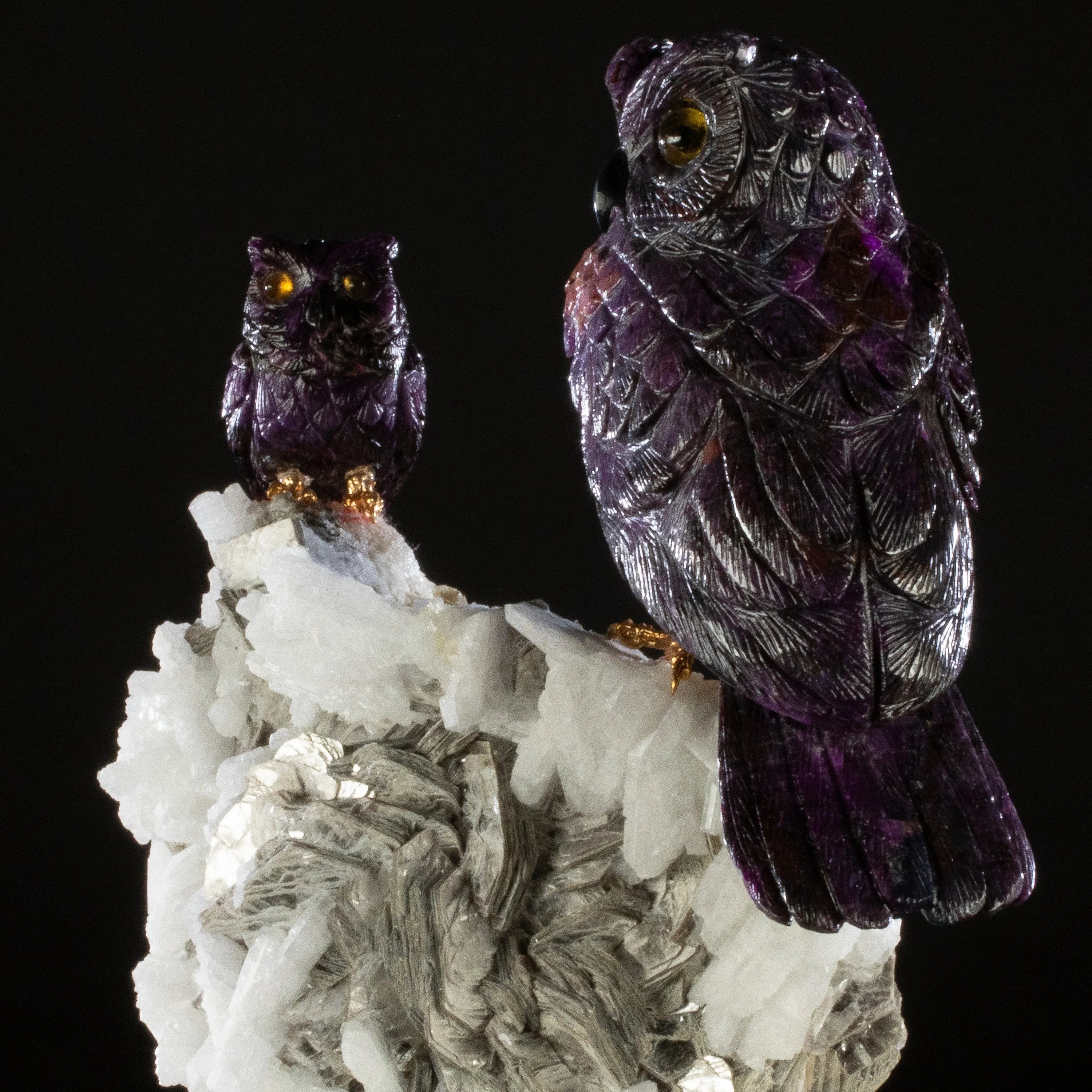 Peter Muller Sugilite Owl Pair Love Birds Carving on Albite & Mica Base