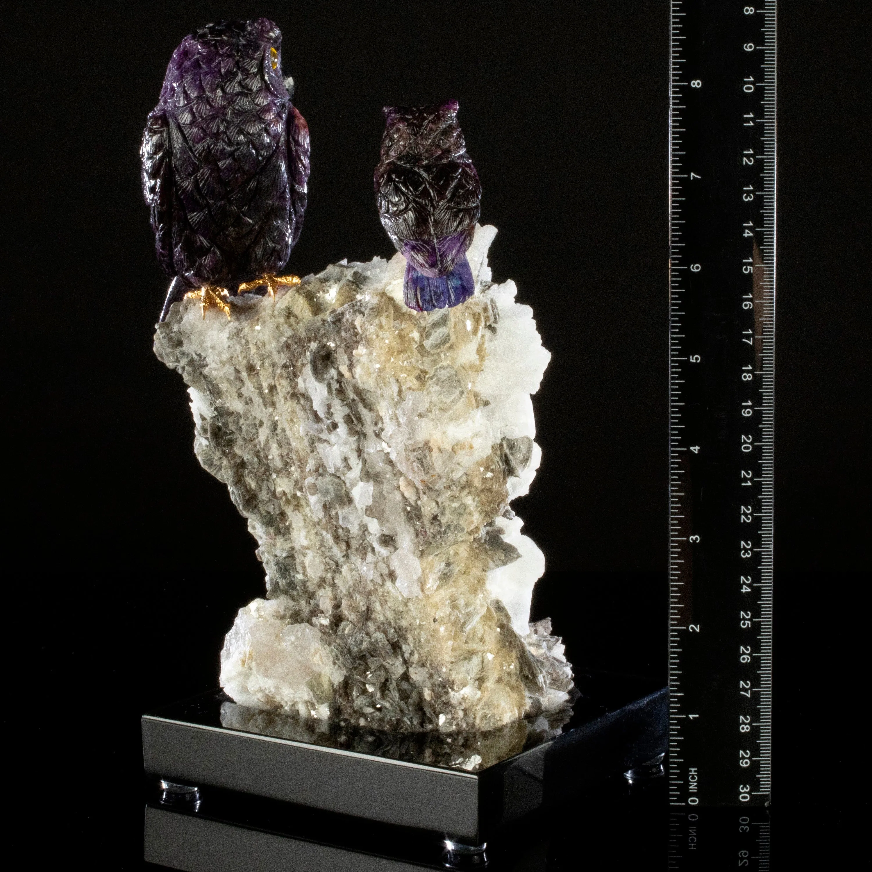 Peter Muller Sugilite Owl Pair Love Birds Carving on Albite & Mica Base