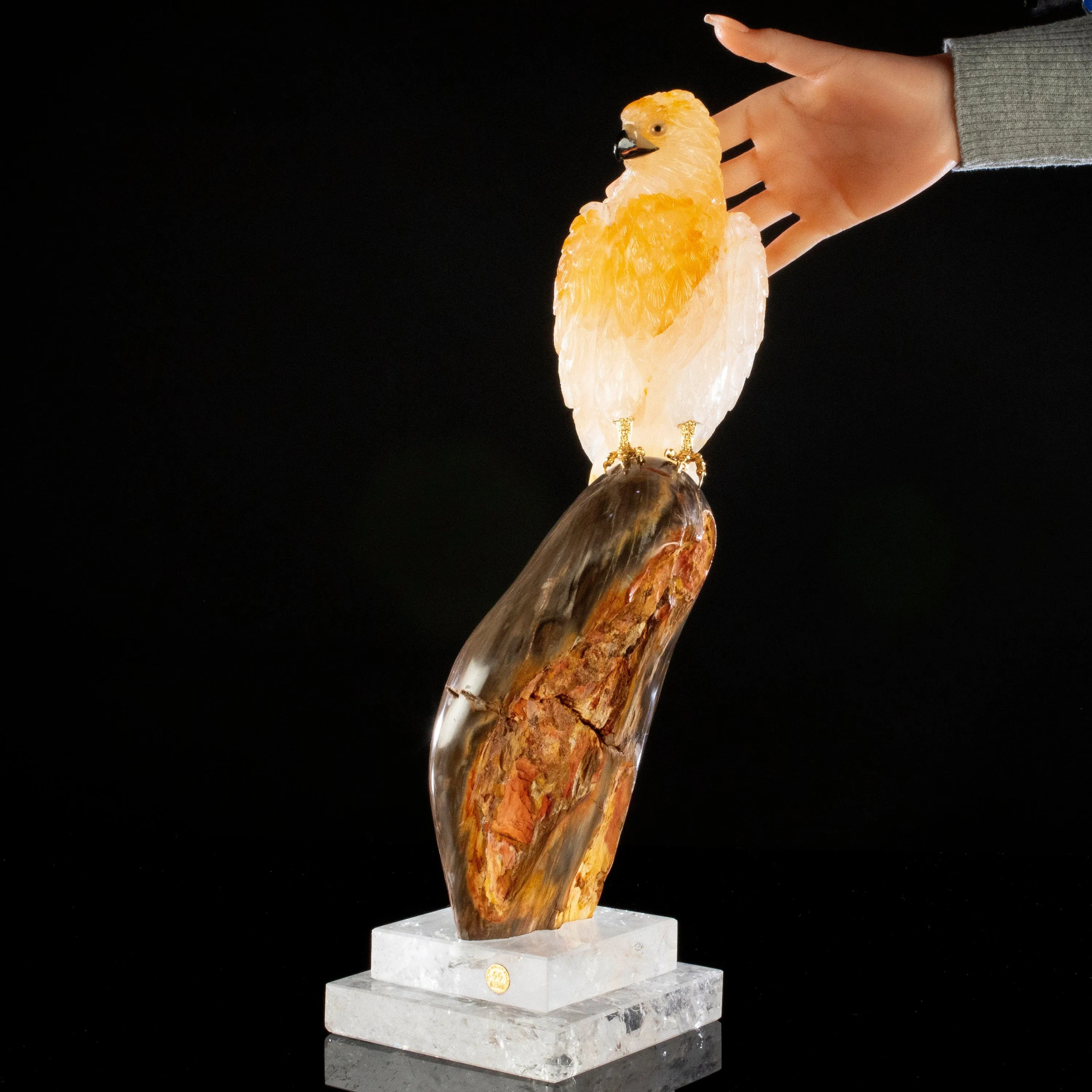 Peter Muller Yellow Quartz Hawk Couple Love Birds Carving on Petrified Wood Base