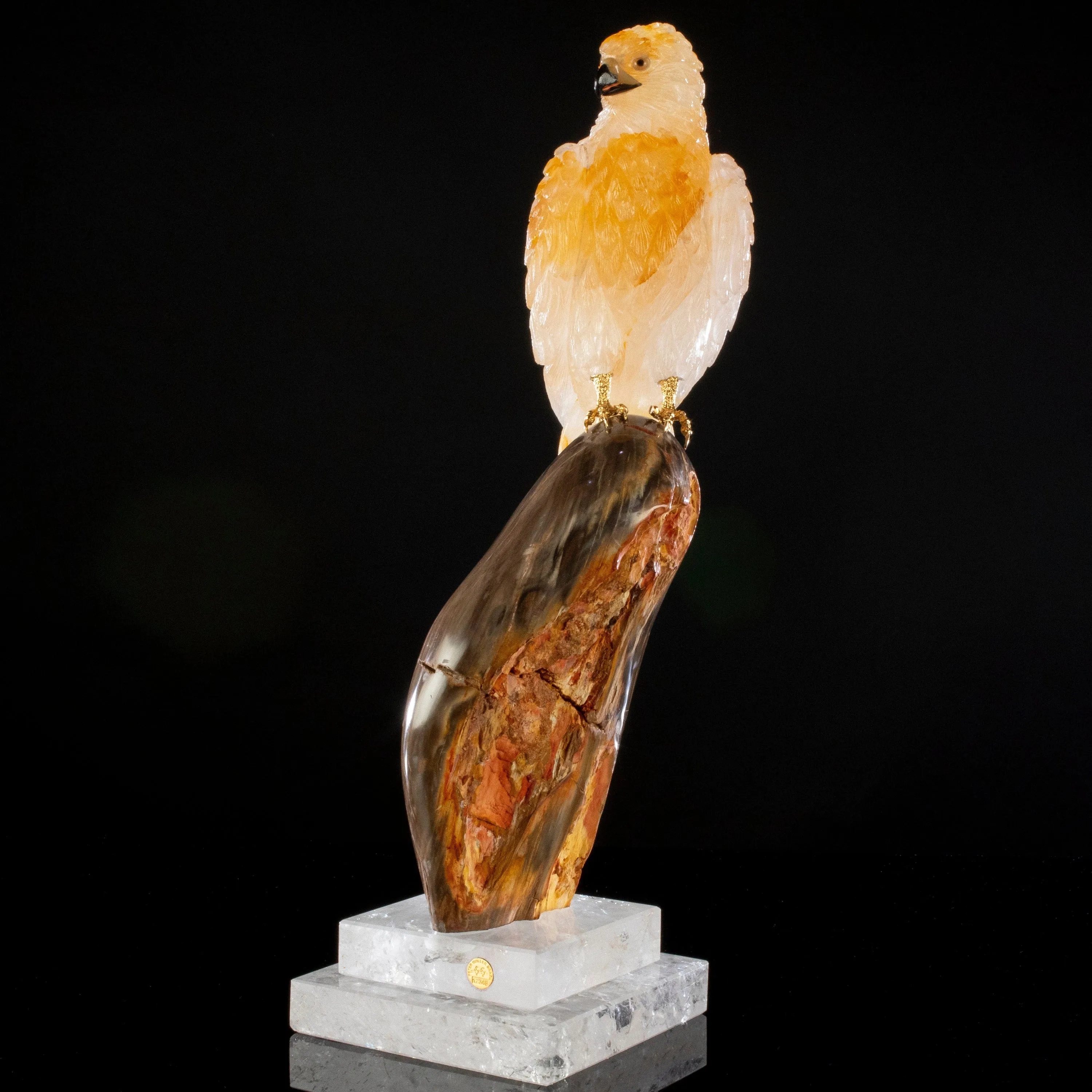 Peter Muller Yellow Quartz Hawk Couple Love Birds Carving on Petrified Wood Base