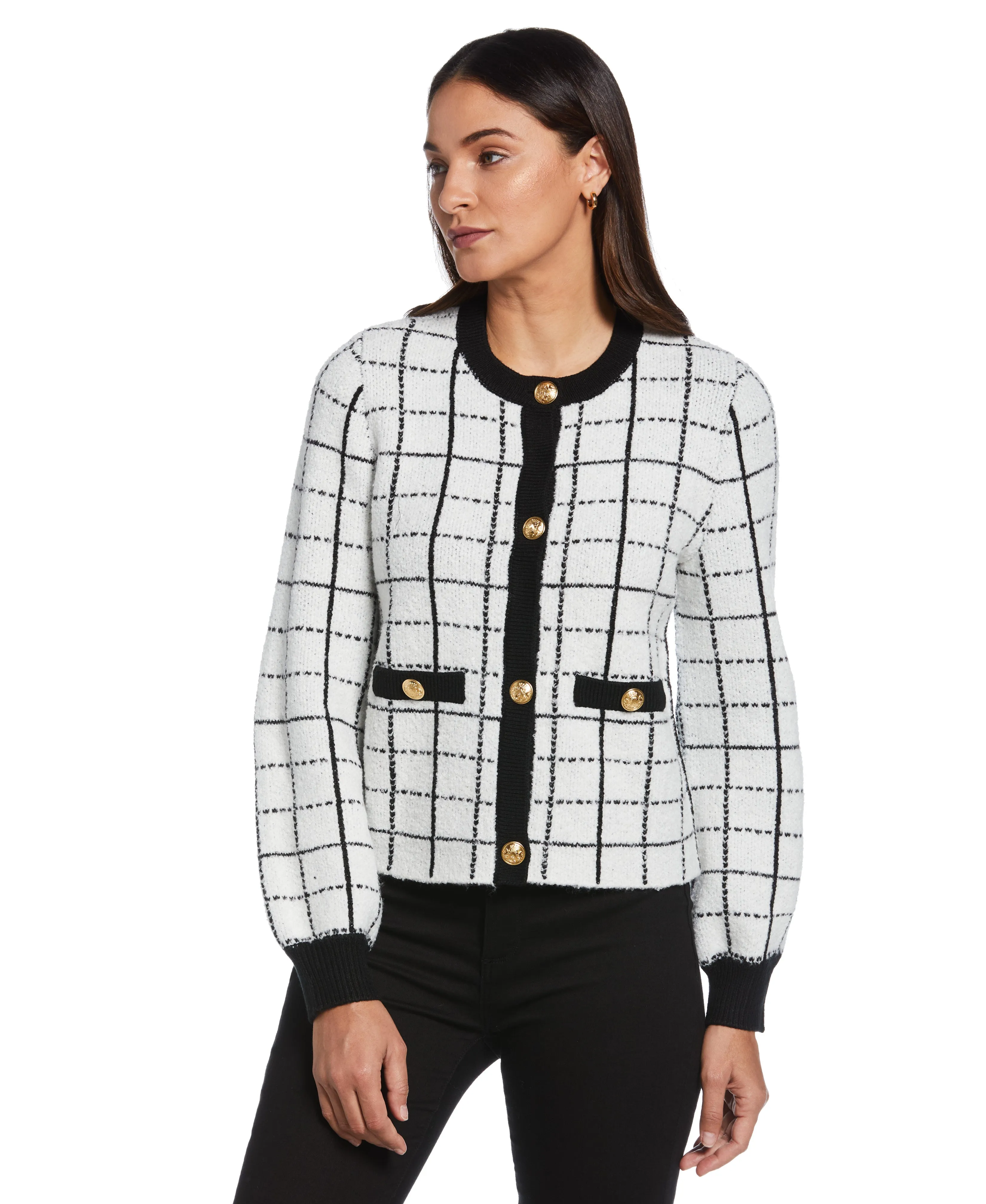 Petite Windowpane Plaid Sweater Jacket