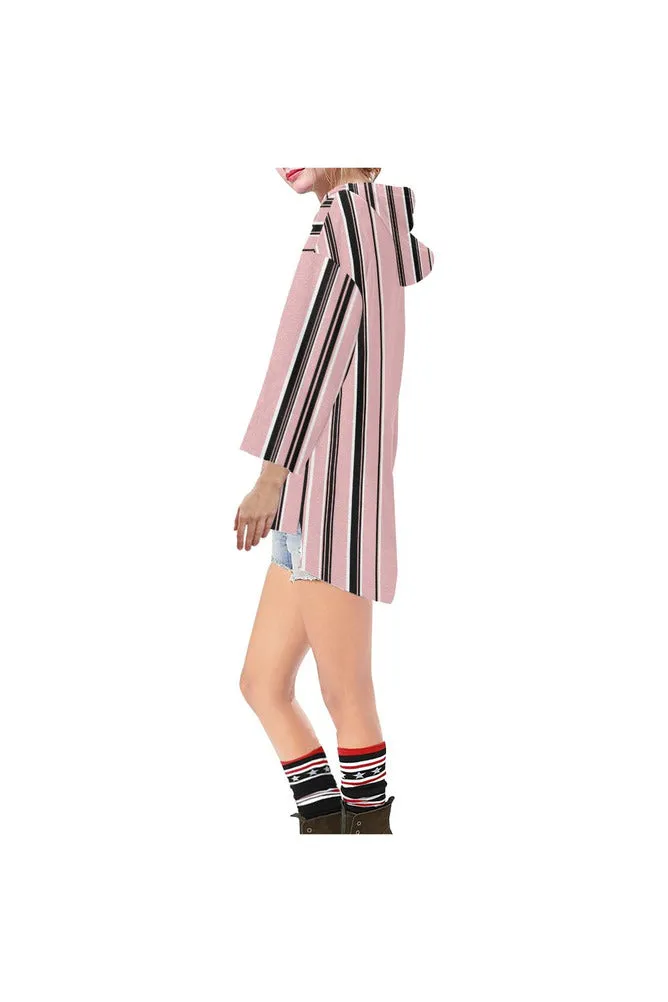 Pressed Rose & Black and White Stripes Step Hem Tunic Hoodie for Women (Model H25)