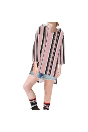 Pressed Rose & Black and White Stripes Step Hem Tunic Hoodie for Women (Model H25)