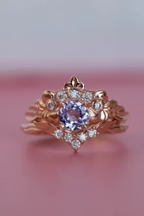 READY TO SHIP: Forget Me Not ring set in 14K rose gold, natural tanzanite round cut 6 mm, accent moissanites, AVAILABLE RING SIZES: 6-8US