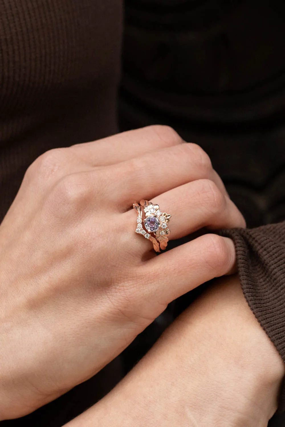 READY TO SHIP: Forget Me Not ring set in 14K rose gold, natural tanzanite round cut 6 mm, accent moissanites, AVAILABLE RING SIZES: 6-8US