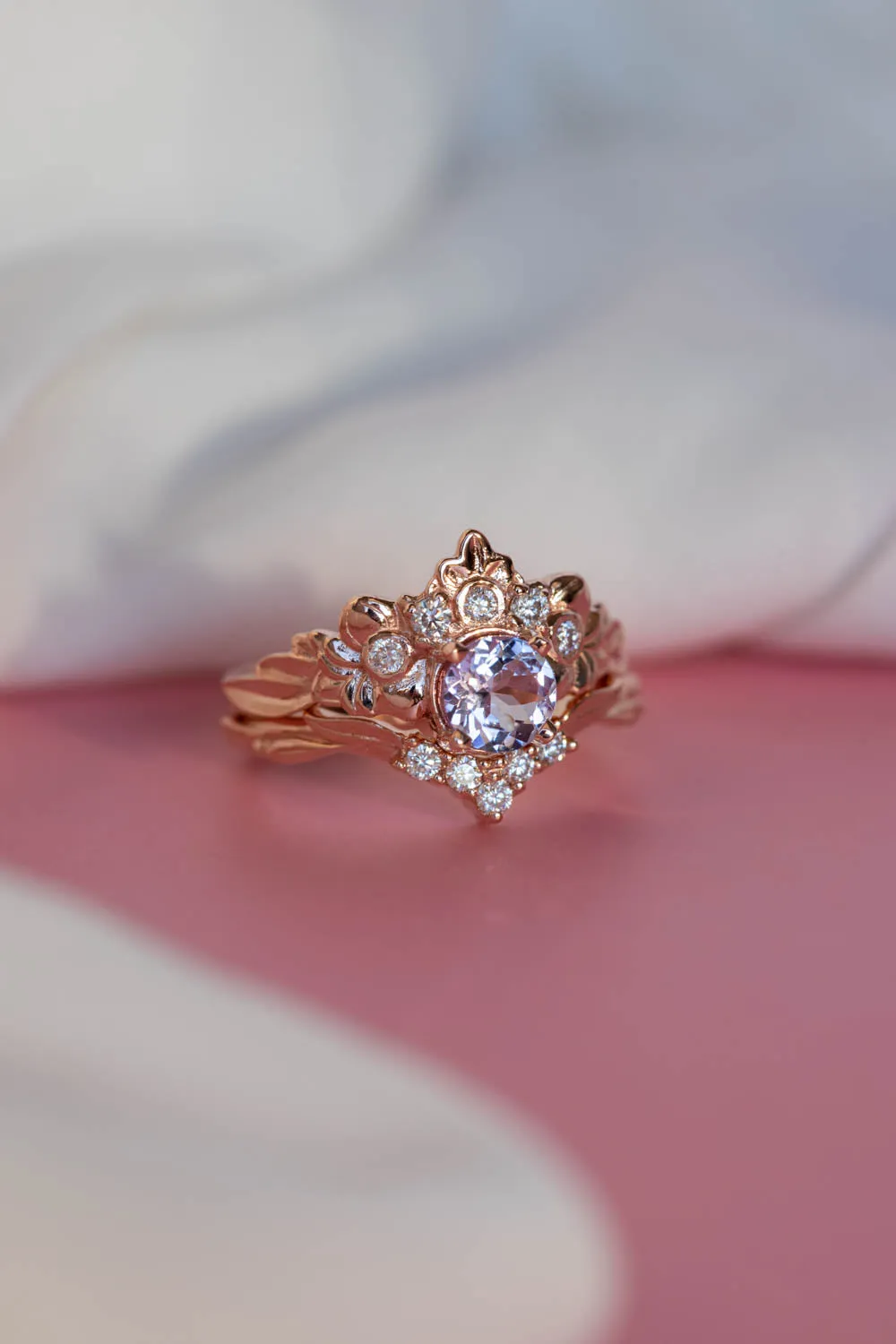 READY TO SHIP: Forget Me Not ring set in 14K rose gold, natural tanzanite round cut 6 mm, accent moissanites, AVAILABLE RING SIZES: 6-8US