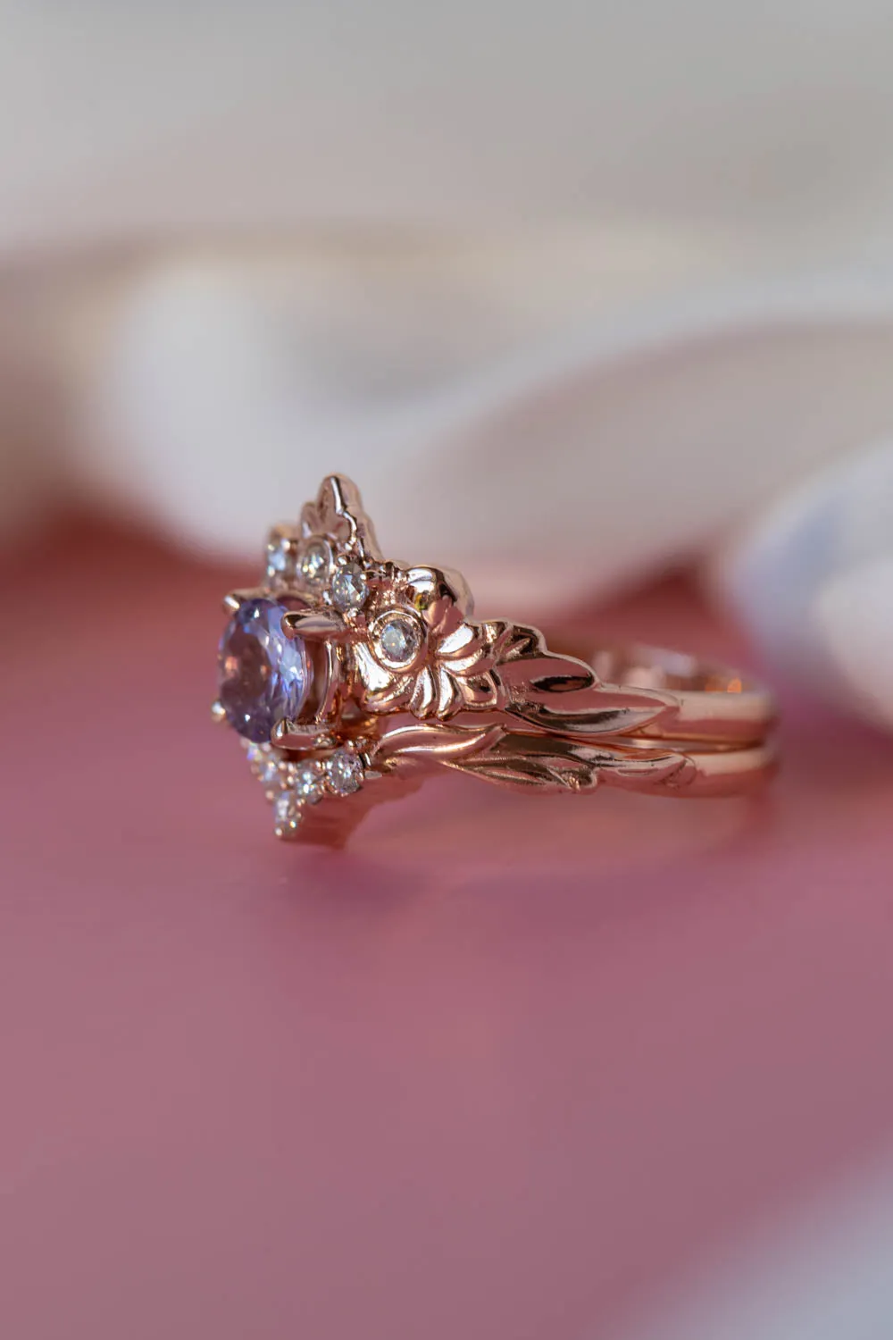 READY TO SHIP: Forget Me Not ring set in 14K rose gold, natural tanzanite round cut 6 mm, accent moissanites, AVAILABLE RING SIZES: 6-8US