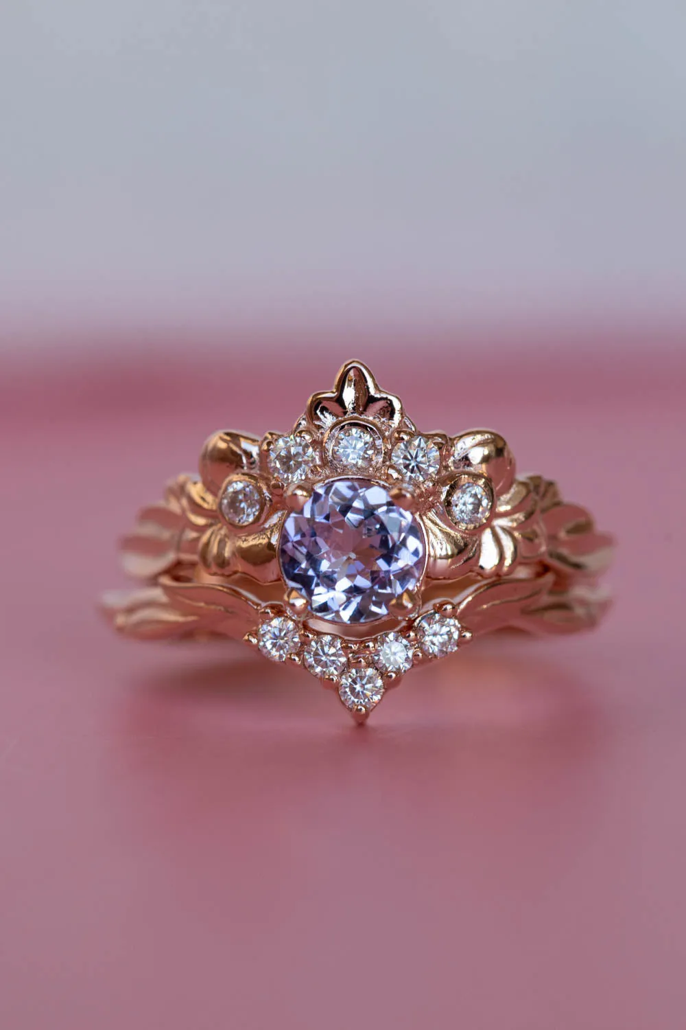 READY TO SHIP: Forget Me Not ring set in 14K rose gold, natural tanzanite round cut 6 mm, accent moissanites, AVAILABLE RING SIZES: 6-8US