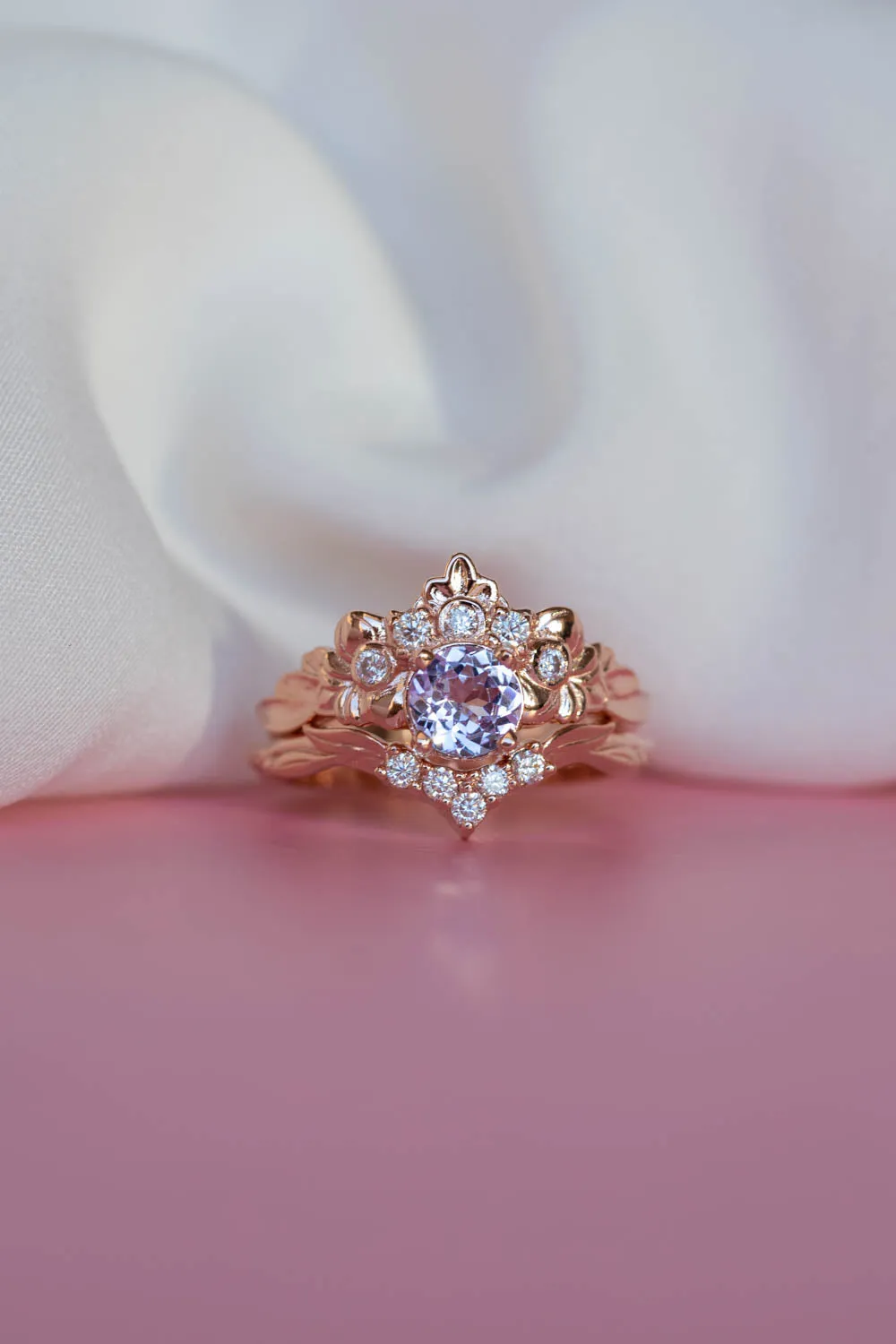 READY TO SHIP: Forget Me Not ring set in 14K rose gold, natural tanzanite round cut 6 mm, accent moissanites, AVAILABLE RING SIZES: 6-8US