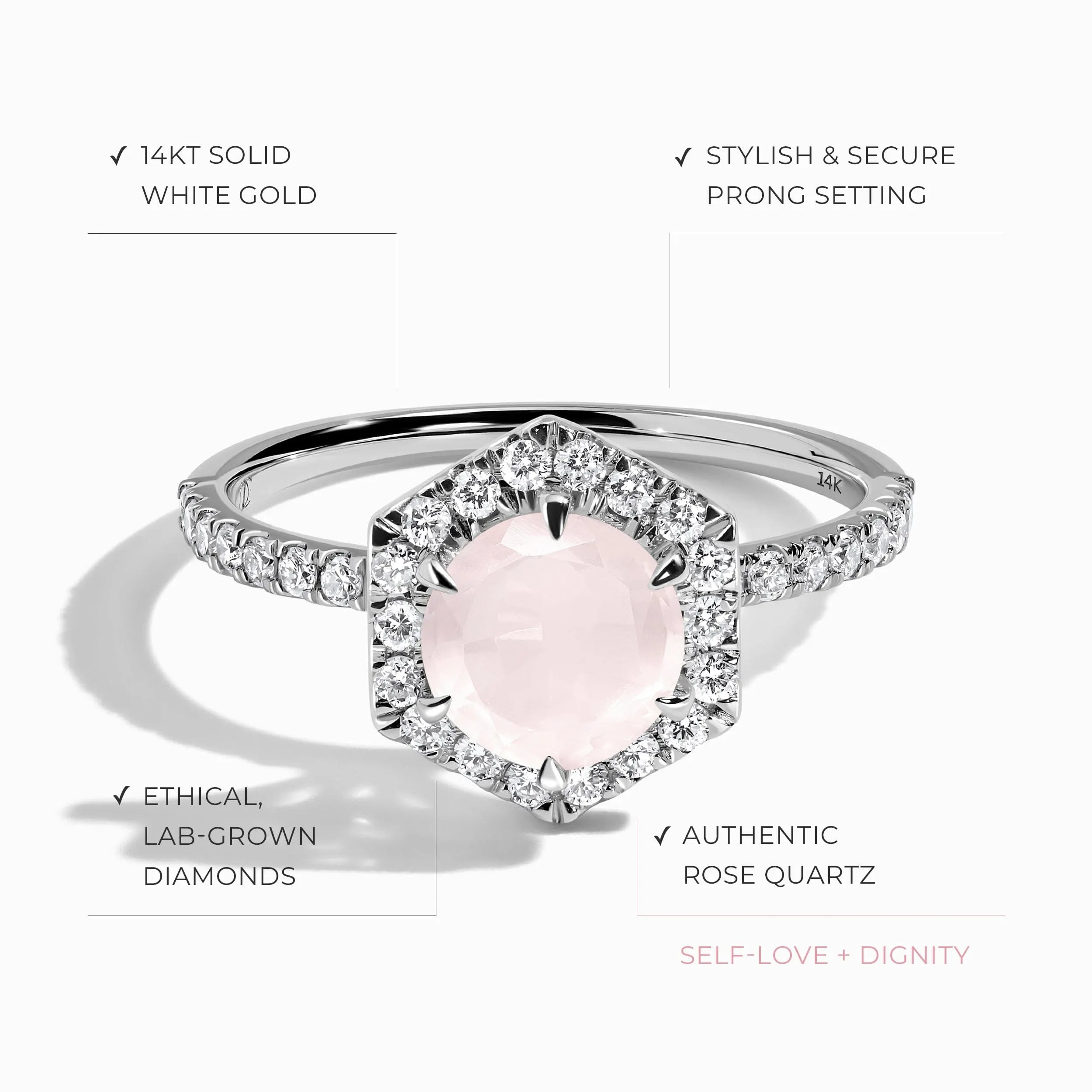 Rose Quartz Lab Diamond Ring - My Eternal Round Halo Pavé