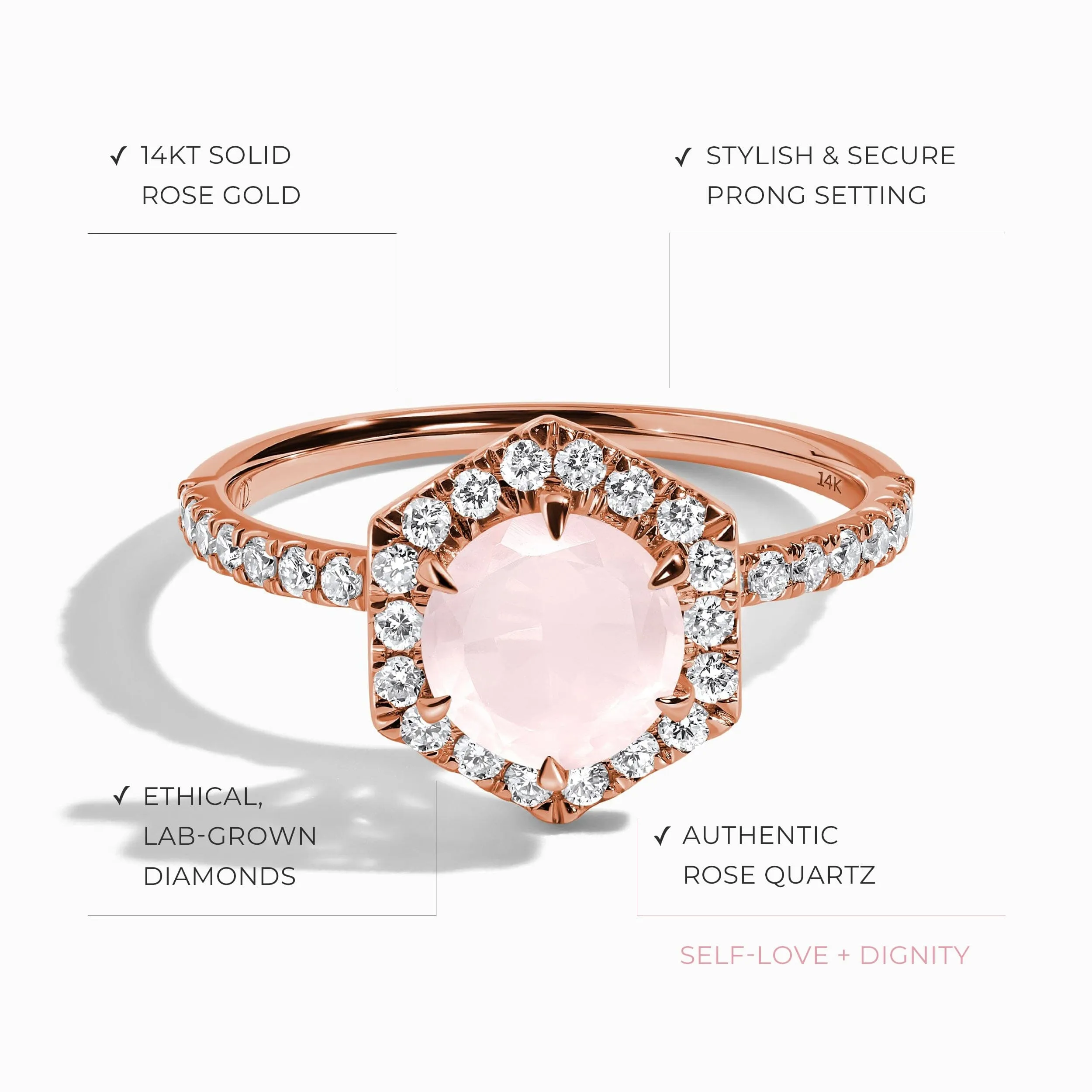 Rose Quartz Lab Diamond Ring - My Eternal Round Halo Pavé