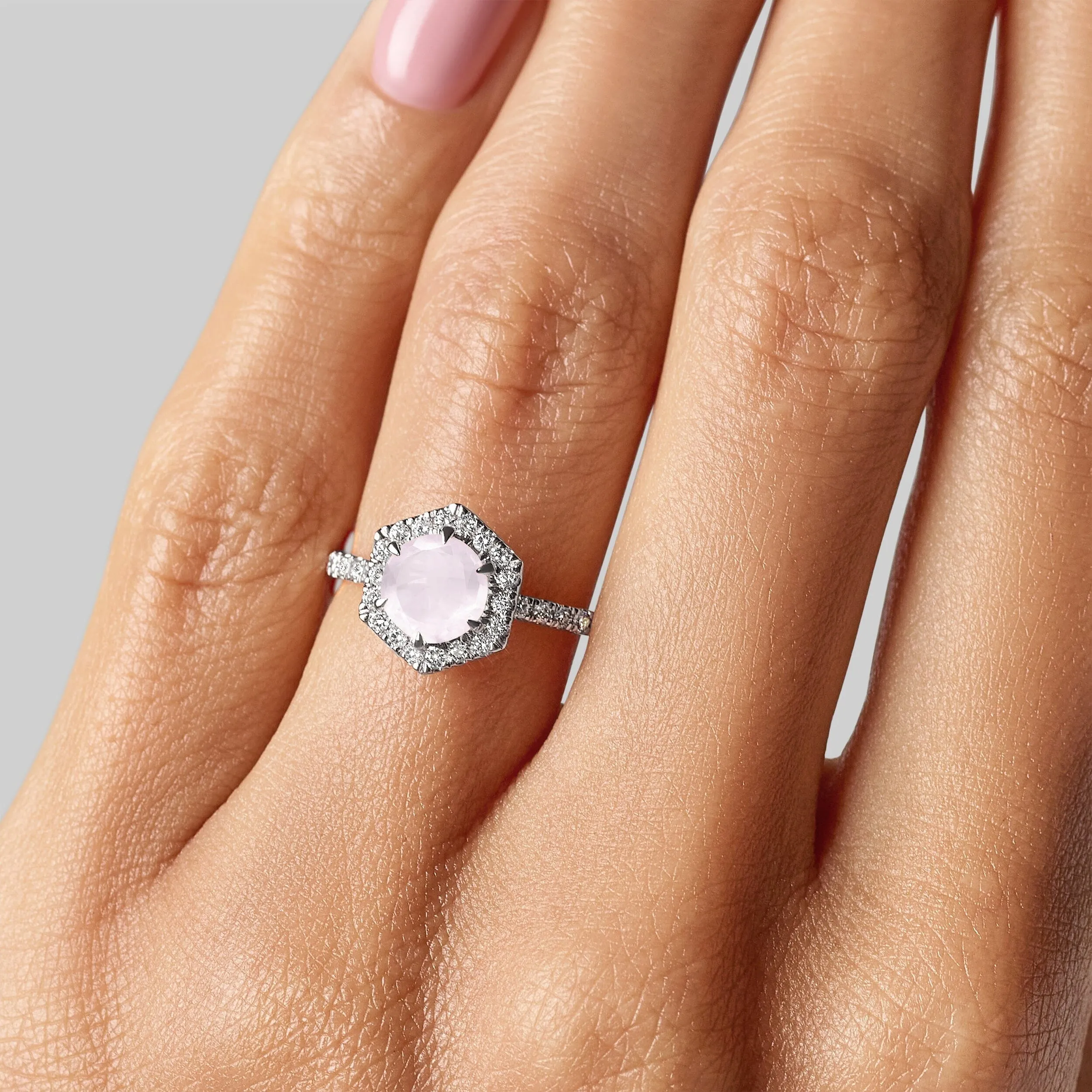 Rose Quartz Lab Diamond Ring - My Eternal Round Halo Pavé