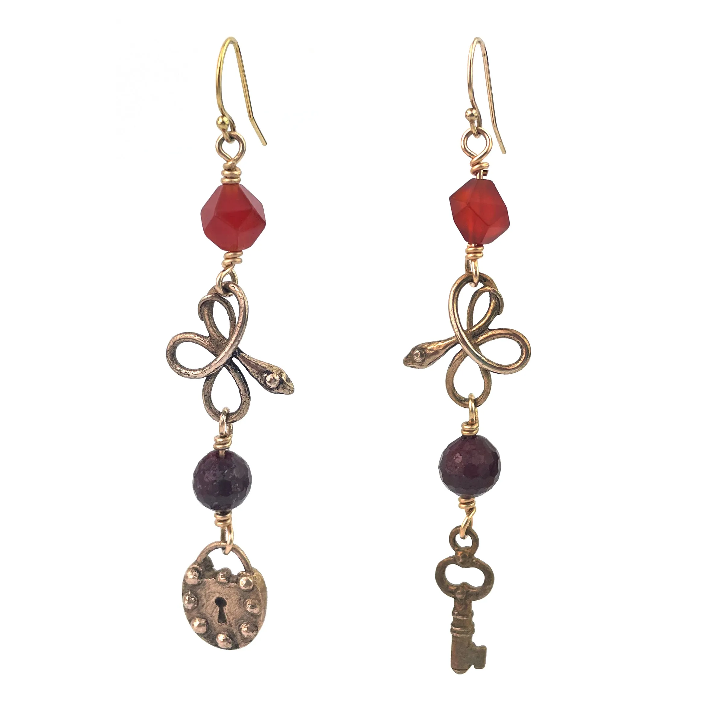 SERPENT Charm Earrings - Carnelian Ruby in BRONZE