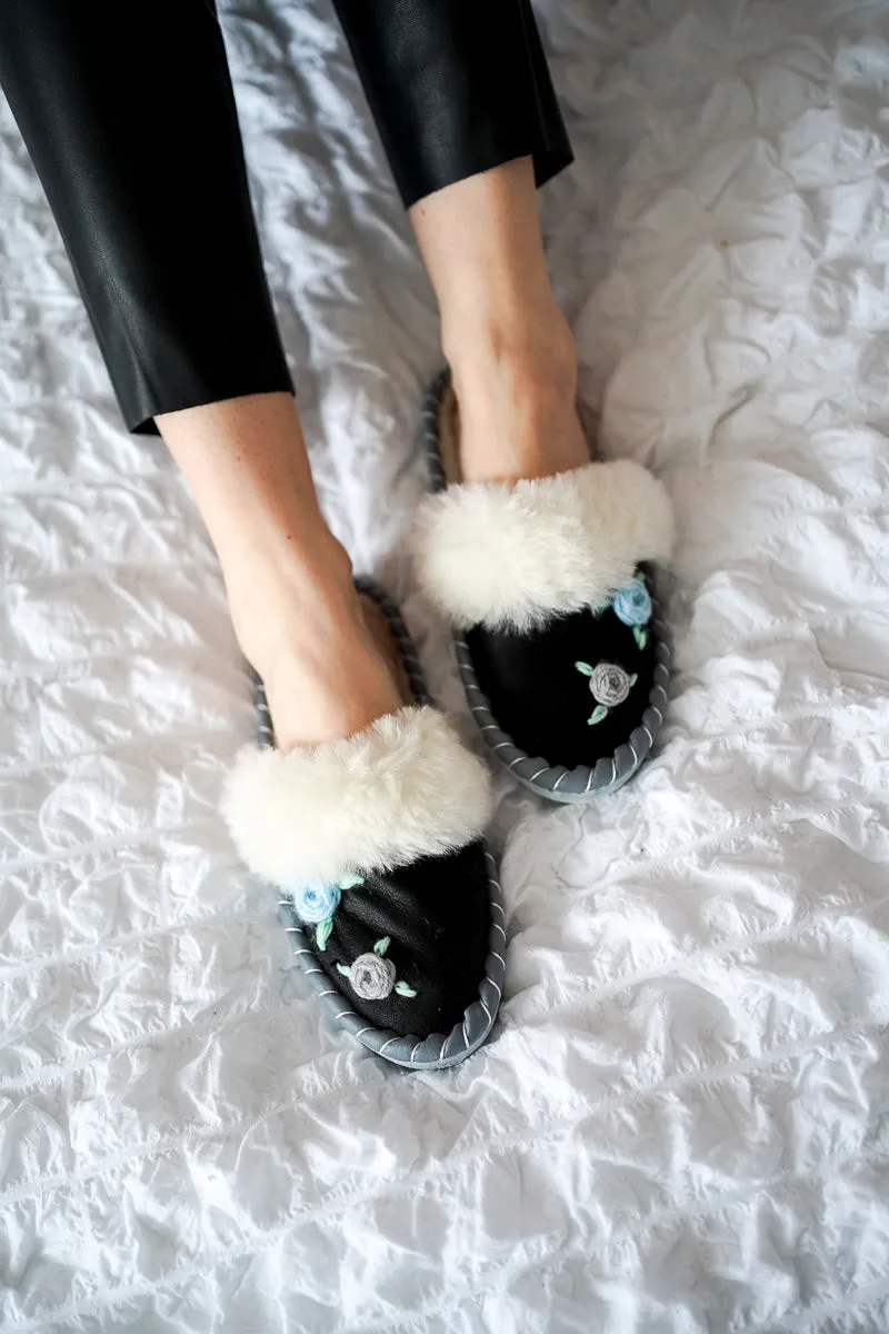 Sheepskin Slippers flower embroidery