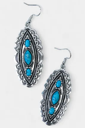 Silver Turquoise Stone Oval Dangle Earrings