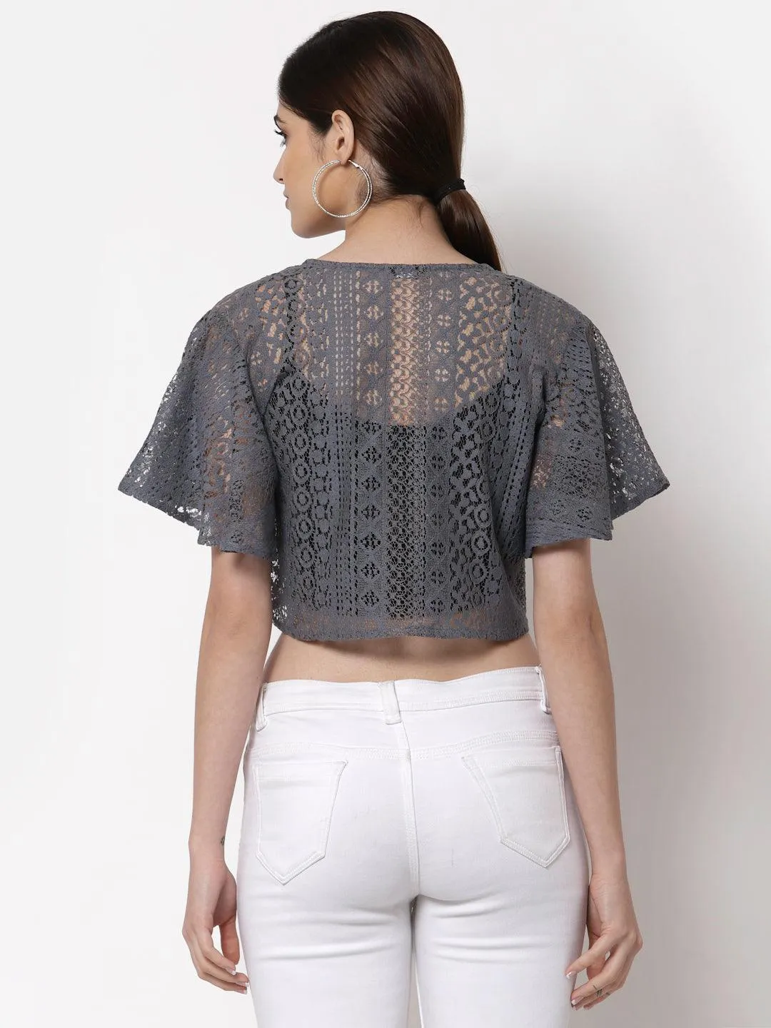 Style Quotient Women Grey Self Design Lace Open Front Smart Casual Shrug