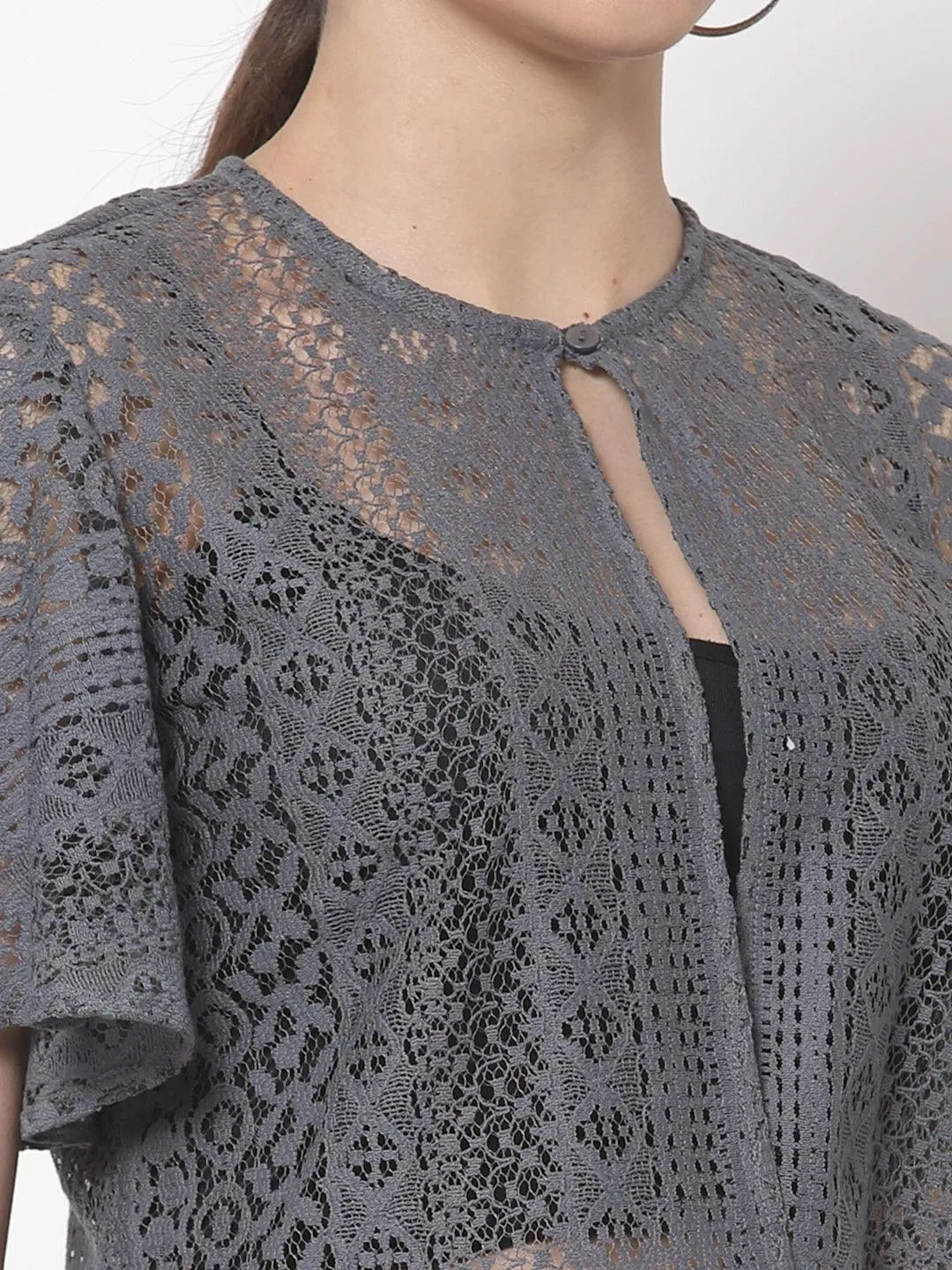 Style Quotient Women Grey Self Design Lace Open Front Smart Casual Shrug