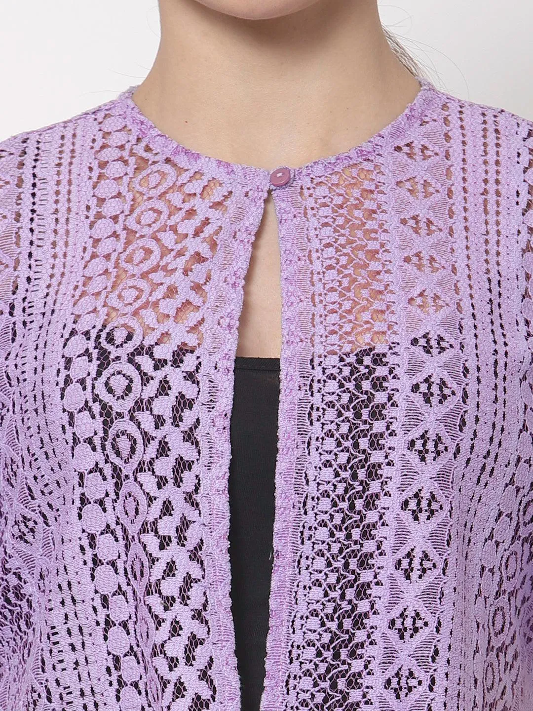 Style Quotient Women Lilac Self Design Lace Open Front Smart Casual Shrug