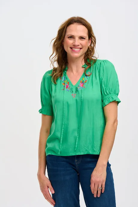 Sugarhill Brighton Angelique Green Rainbow Parrots Shirred Short Sleeved Top