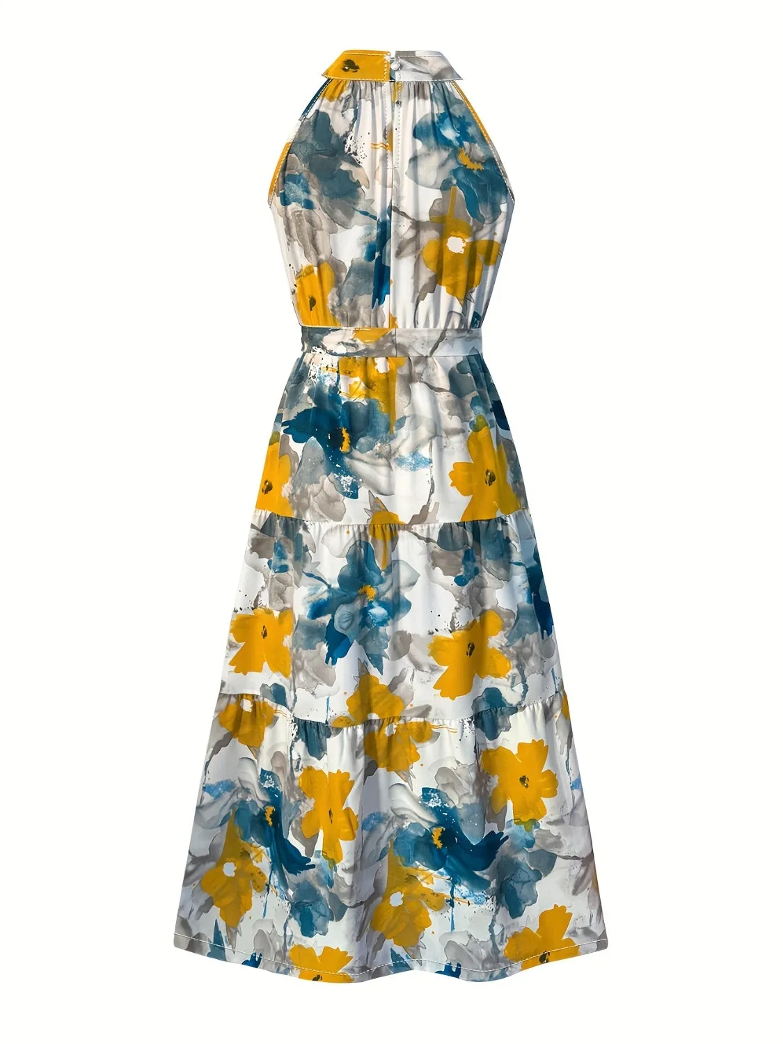 Sunset Vacation Tiered Printed Mock Neck Sleeveless Dress