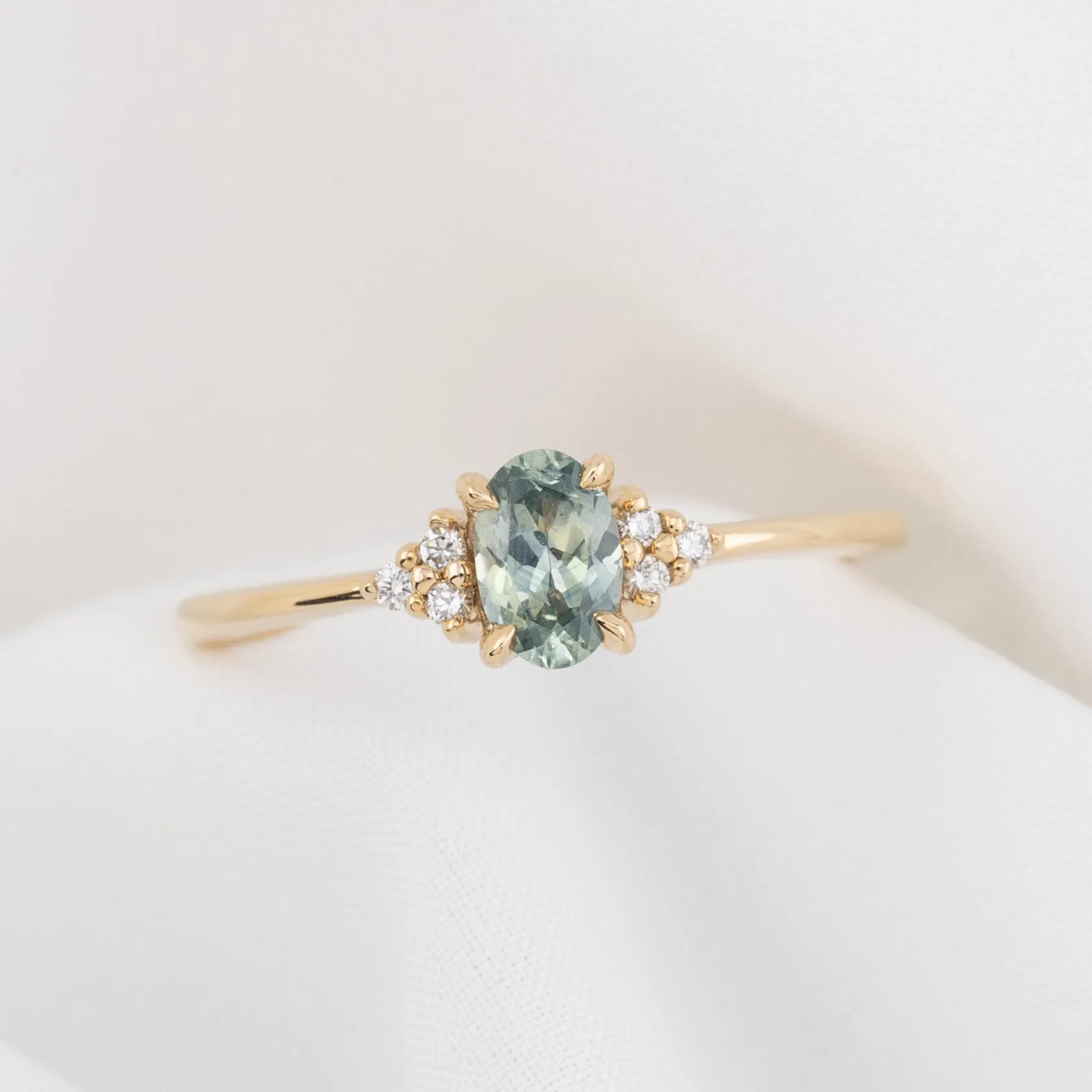 Teresa Ring 6x4mm 0.6ct Light Blue Green Oval Montana Sapphire, 14K Yellow Gold