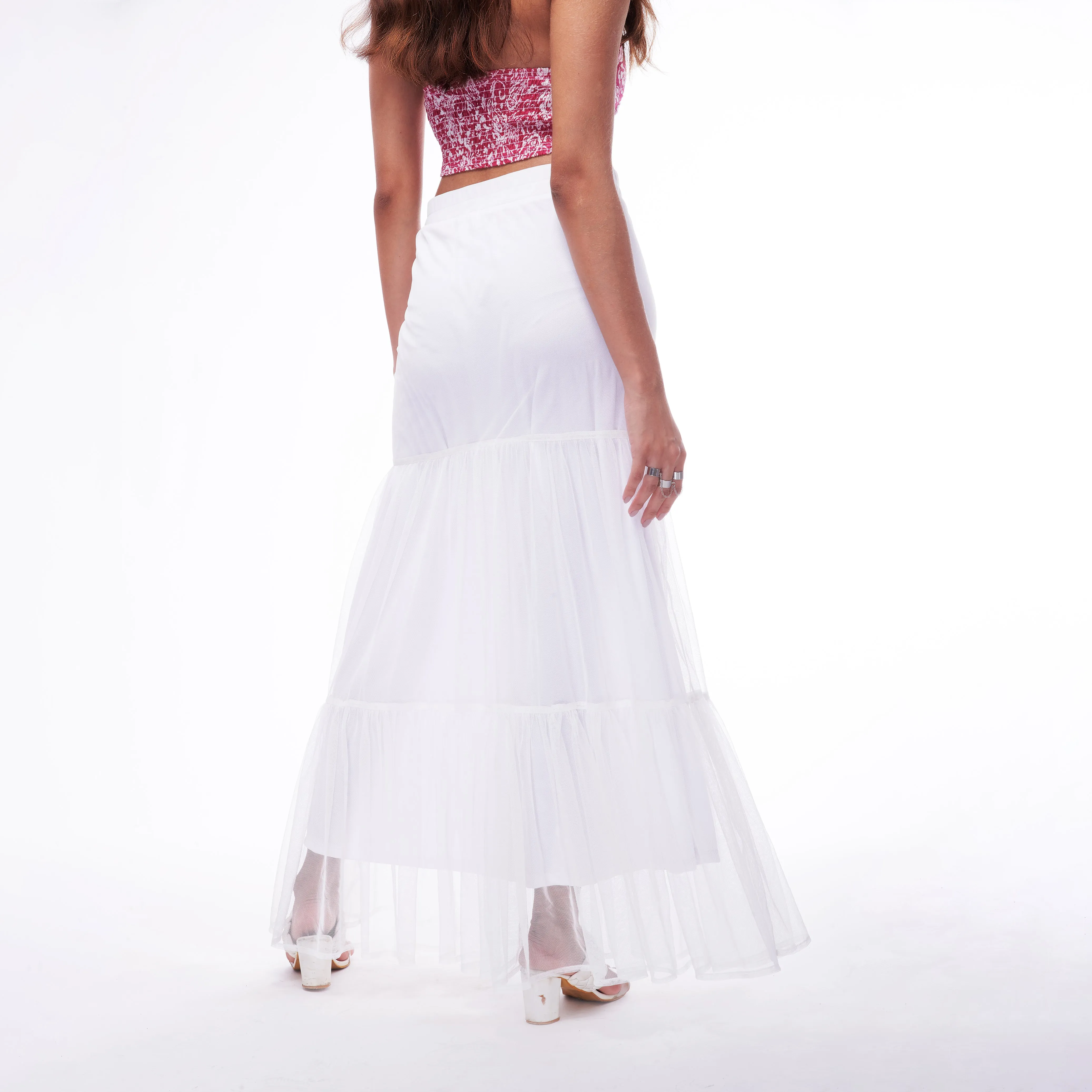 Tier White Mesh Maxi Skirt